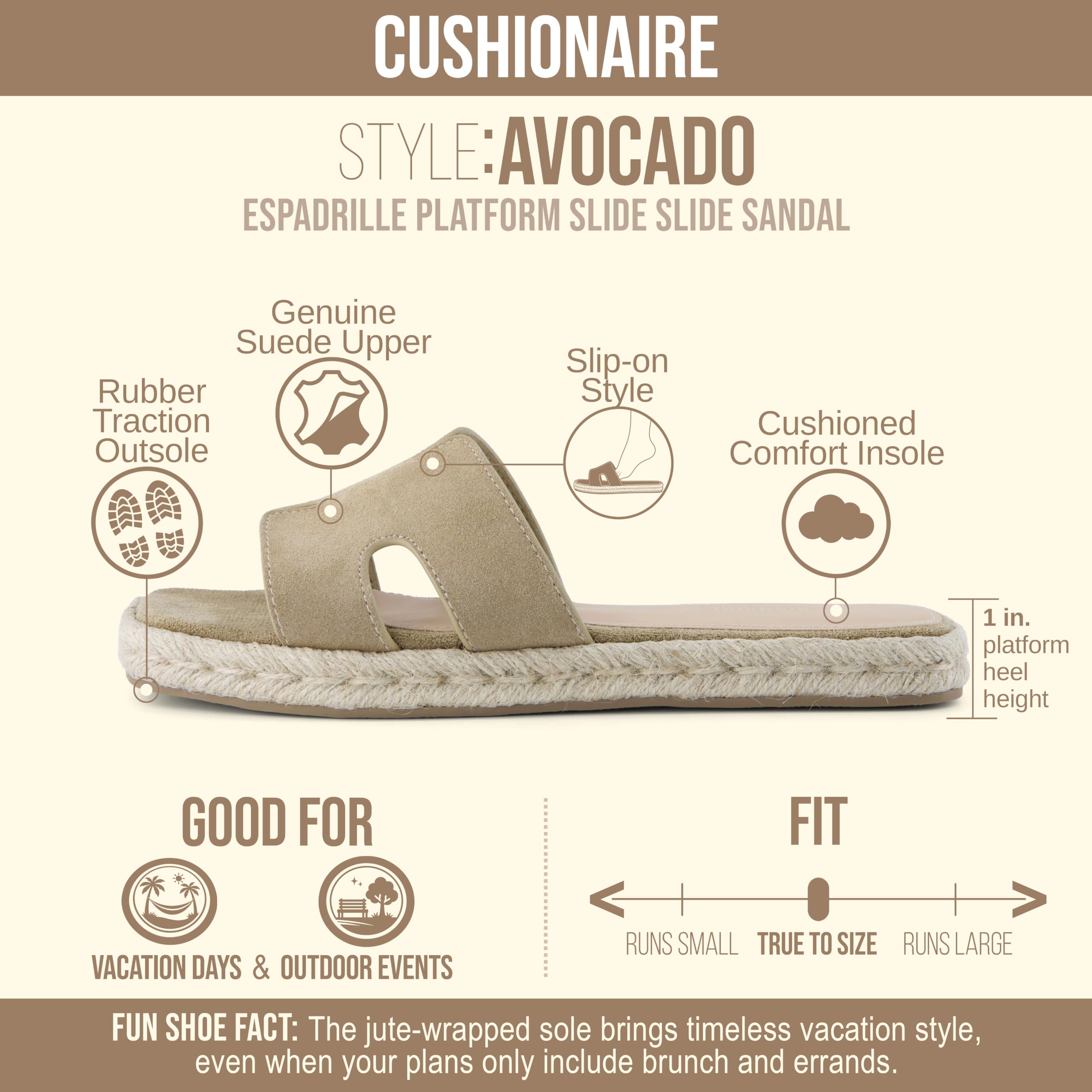 CUSHIONAIRE Avocado - Espadrillas da donna, tomaia in pelle scamosciata, con plateau avvolto in iuta e plantare imbottito