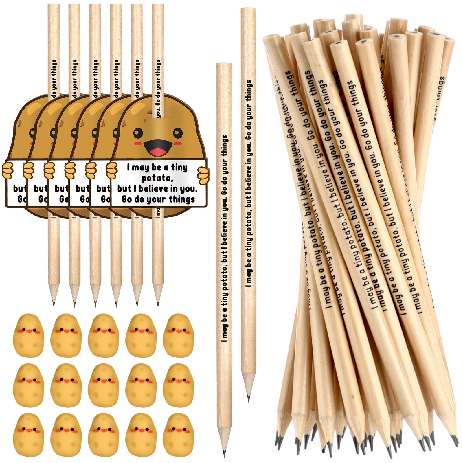 Jetec 100 Sets Inspirational Potato Gifts Funny Potato Pencil with Erasers and Positive Thank You Card Emotional Support Gifts for Students Teachers