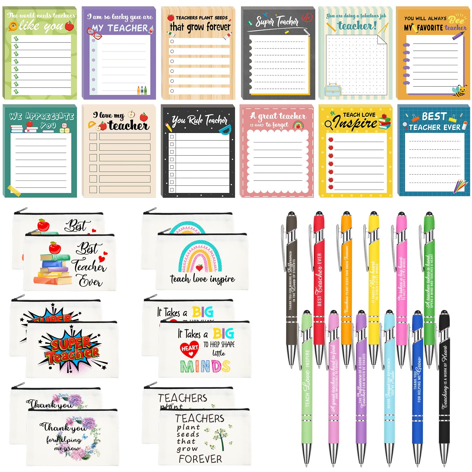 Glenmal 36 Pcs Classic Teacher Appreciation Gifts Set Funny Sticky Notepads Makeup Bags Sayings Ballpoint Pens for Coworker Employee Office