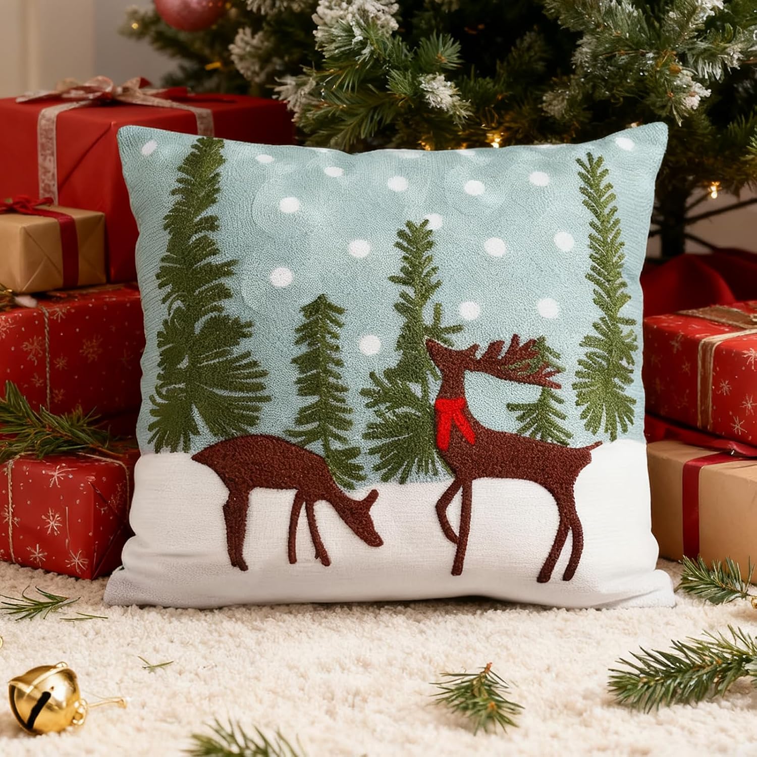 Christmas Throw Pillow Covers 18x18 Set of 2 Winter Xmas Decorations Embroidered Reindeer Throw Pillows Plush Faux Fur Cushion Covers Pillow Cases for Couch Sofa Living Room Home Decor, Reindeer
