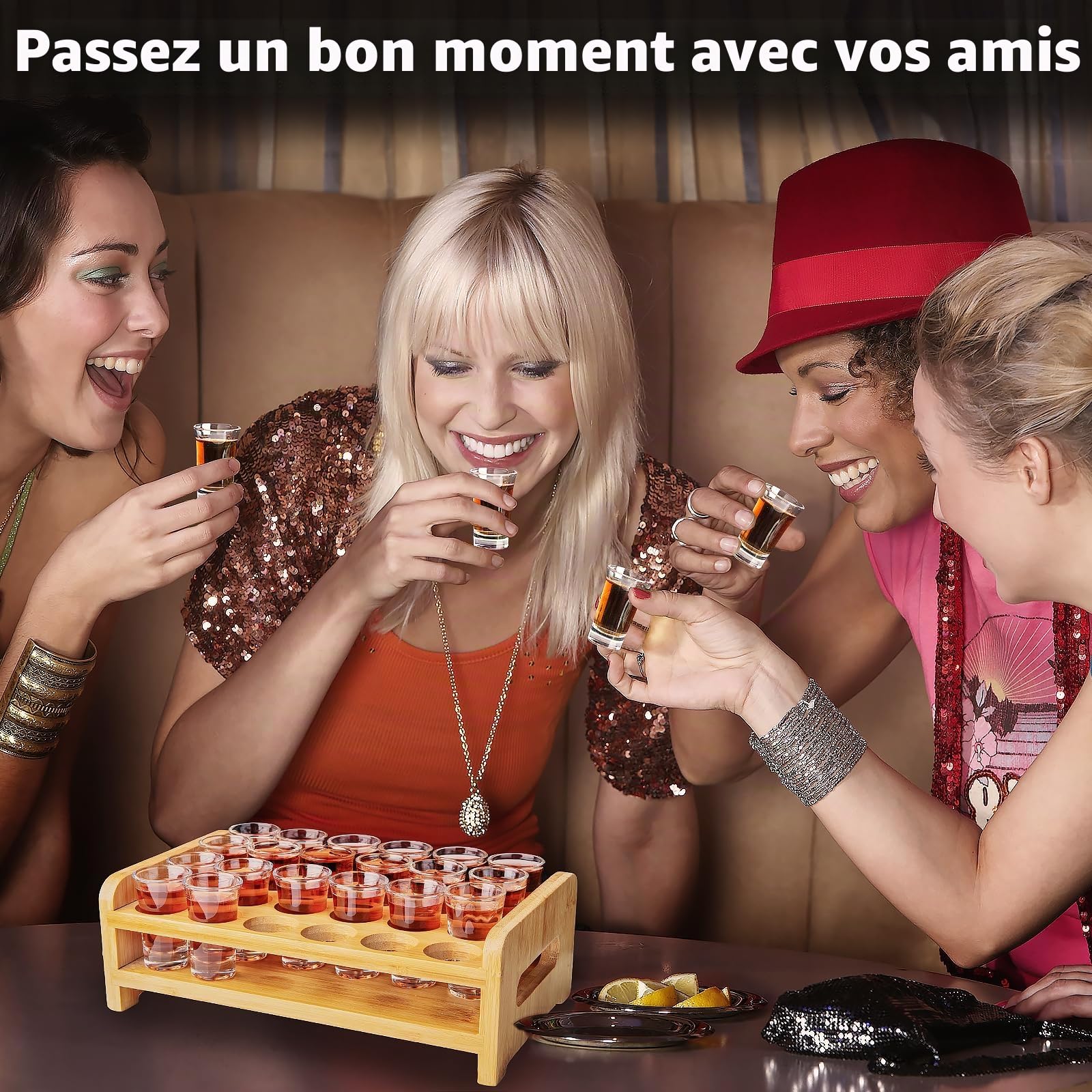 Lot de 24 verres à liqueur, support en bois et verre à shot, planche de service de boissons, organiseur de 24 trous avec verre en cristal transparent, 15 ml-20 ml pour liqueur, rhum à la maison, fête