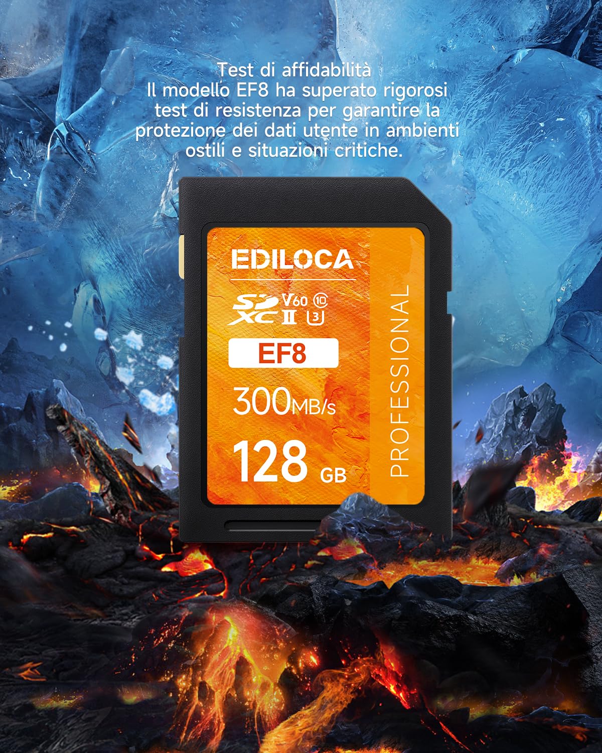 SD Card 128GB UHS-II Classe V60 per Fotocamere Professionali, Scheda SD ad Alta Velocità 300MB/s Impermeabile e Antishock, Memory Card Compatibile con Canon 4K/6K Video (EF8)
