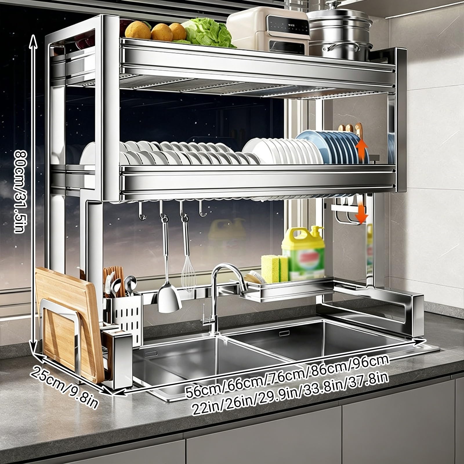 Escurridor de platos de acero inoxidable 304, extensible de 2 niveles con soporte para utensilios, ideal para platos, vasos y cubiertos, diseño que ahorra espacio