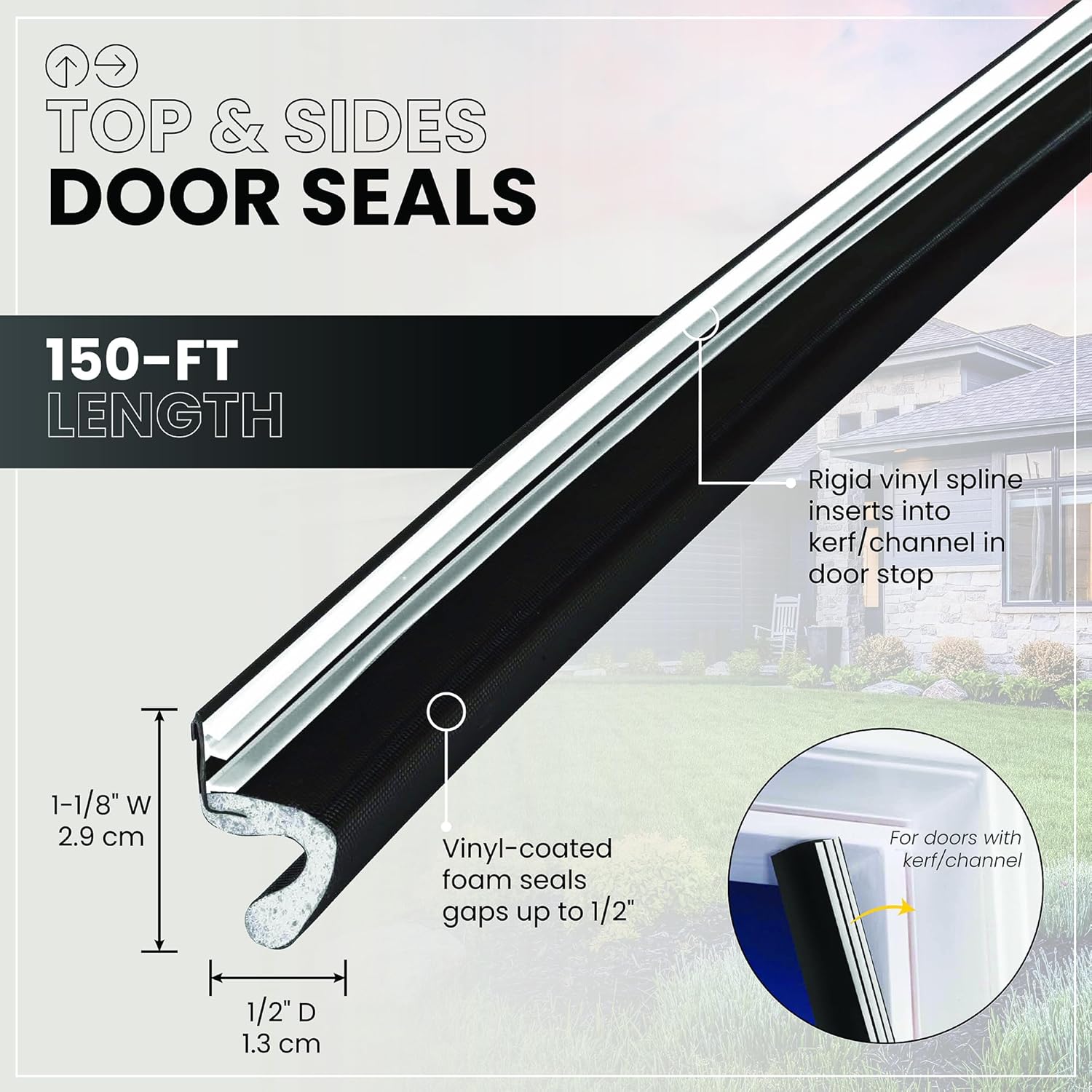 M-D Building Products 91813 Soundproof Weather Stripping Door Seal, 150 feet Black Vinyl-Coated Foam Kerf/Channel, Easy to Install, Large Gap Coverage, Dust & Water Prevention