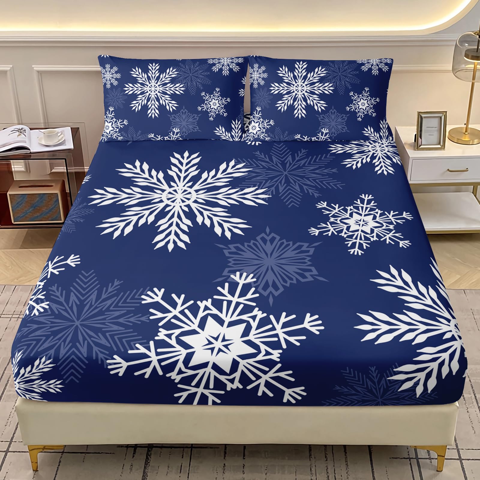 AILONEN Snowflake Fitted Sheet Set Queen Size for Kids Toddler Adults,Cute Cartoon Winter Snowflakes Bedding Set,3Pcs Navy Blue Bed Sheet with 2 Pillowcases