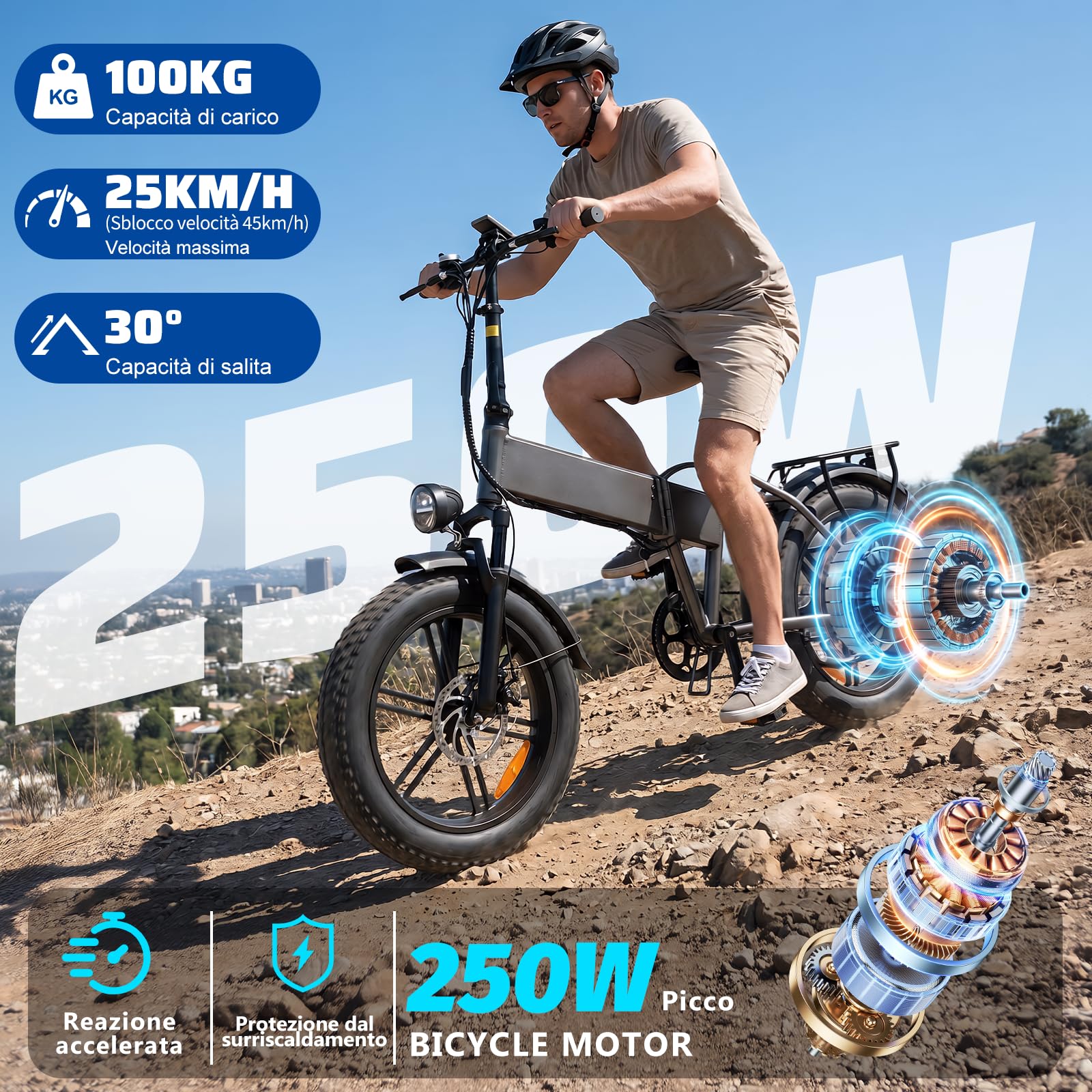 Bici Elettrica Pieghevole 20*4" Fat Tire Removable Battery 48V 13Ah 250W