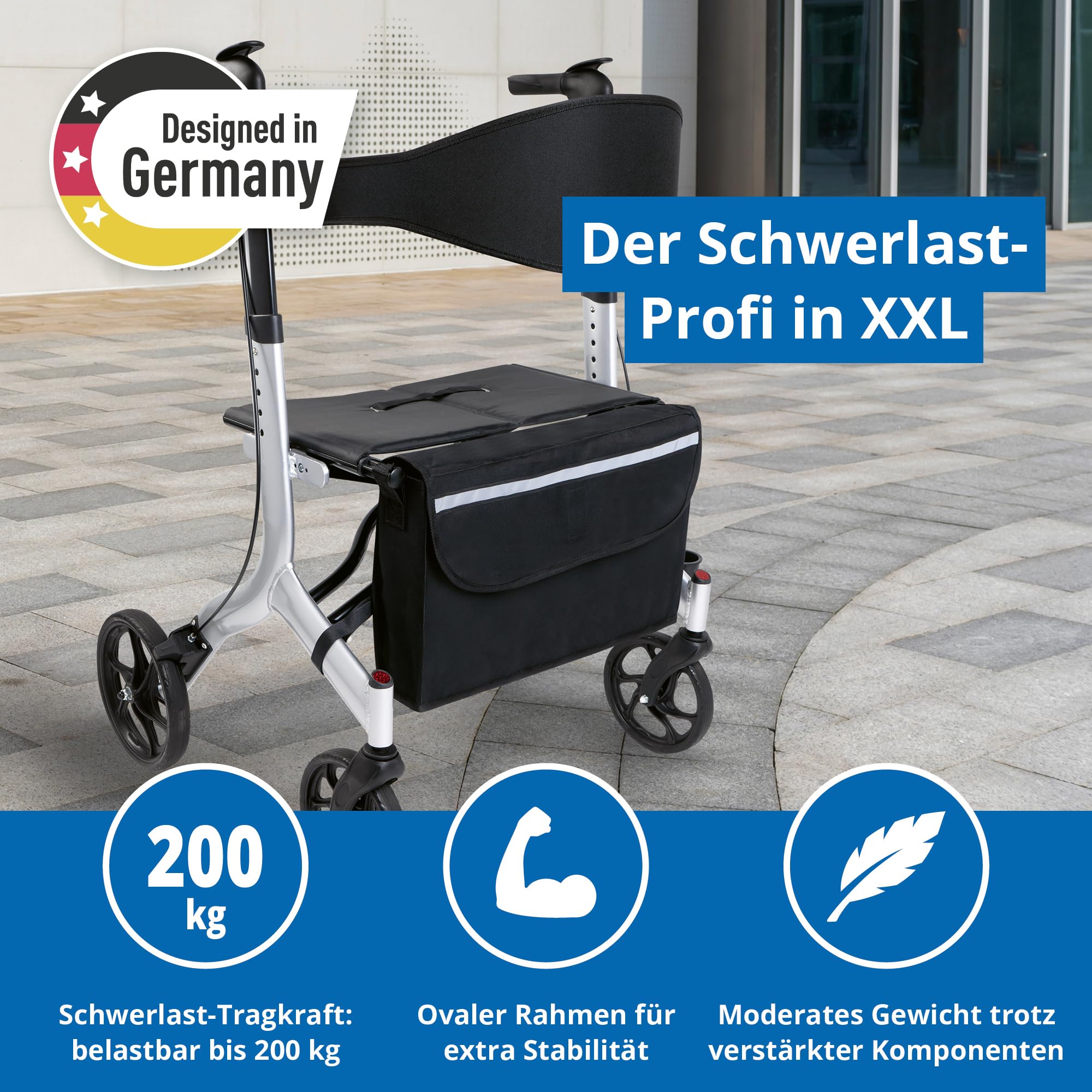 Weinberger 02262 Rollator XXL aus Aluminium, stabil, faltbar, Gehilfe XXL, mit Tasche, groß, schwarz, 10 kg