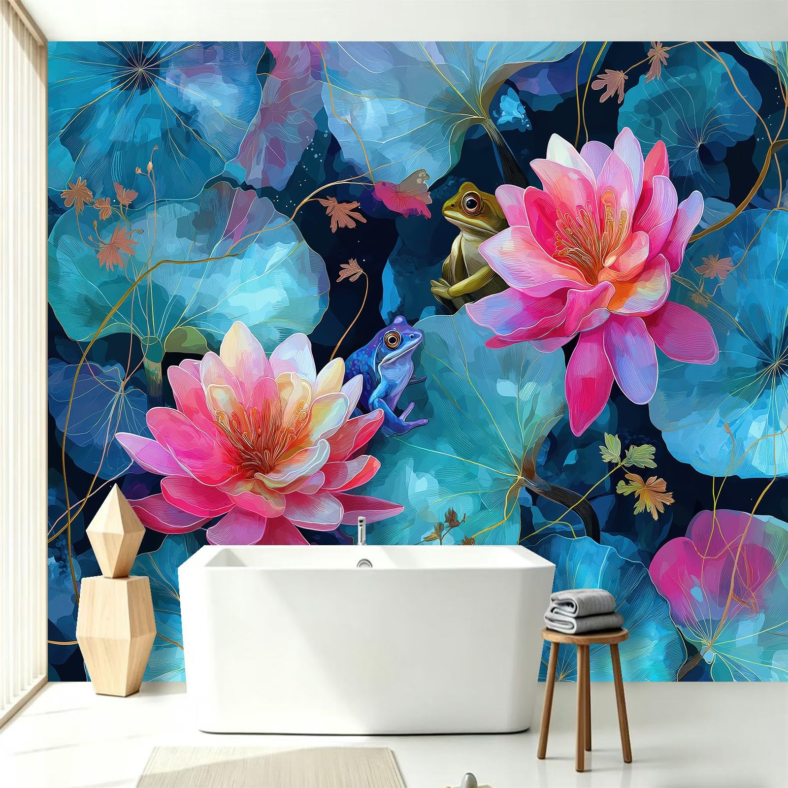 Fototapeta z efektem 3D, zwierzęta, żaby, akwarela – 250 x 175 cm, tapeta z włókniny, kwiatowe, lilie wodne, liście lotosu, tapeta ścienna, matowa i wodoszczelna, do salonu i sypialni, nowoczesna