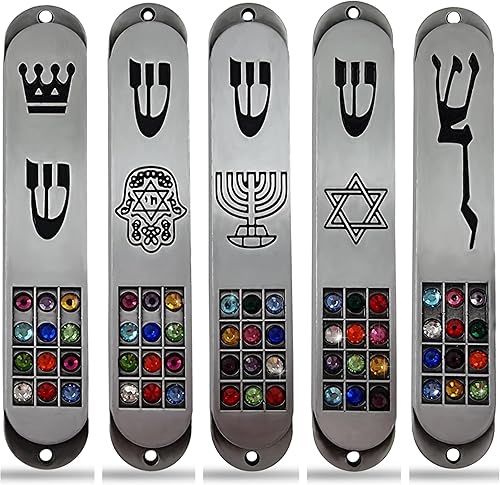 Juego de 5 fundas judías de peltre MEZUZAH con Hoshen 12 Tribus de Israel Estrella de David Menorah puerta mezuza con pergamino 3.5 pulgadas