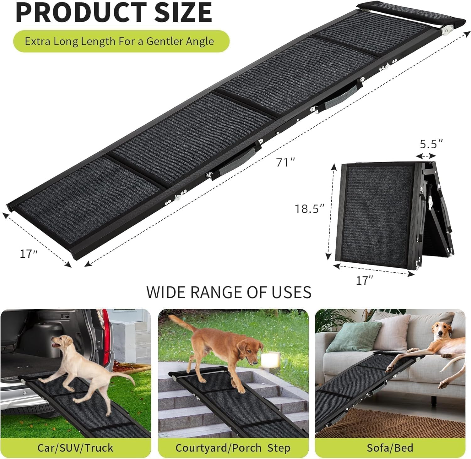 Garvee Rampa para Perros Plegable 180 x 43 cm, Aleación de Aluminio de 1,3 mm y Superficie Antideslizante de Tela No Tejida, Acceso para Coche SUV Camión Sofá y Cama, Portátil