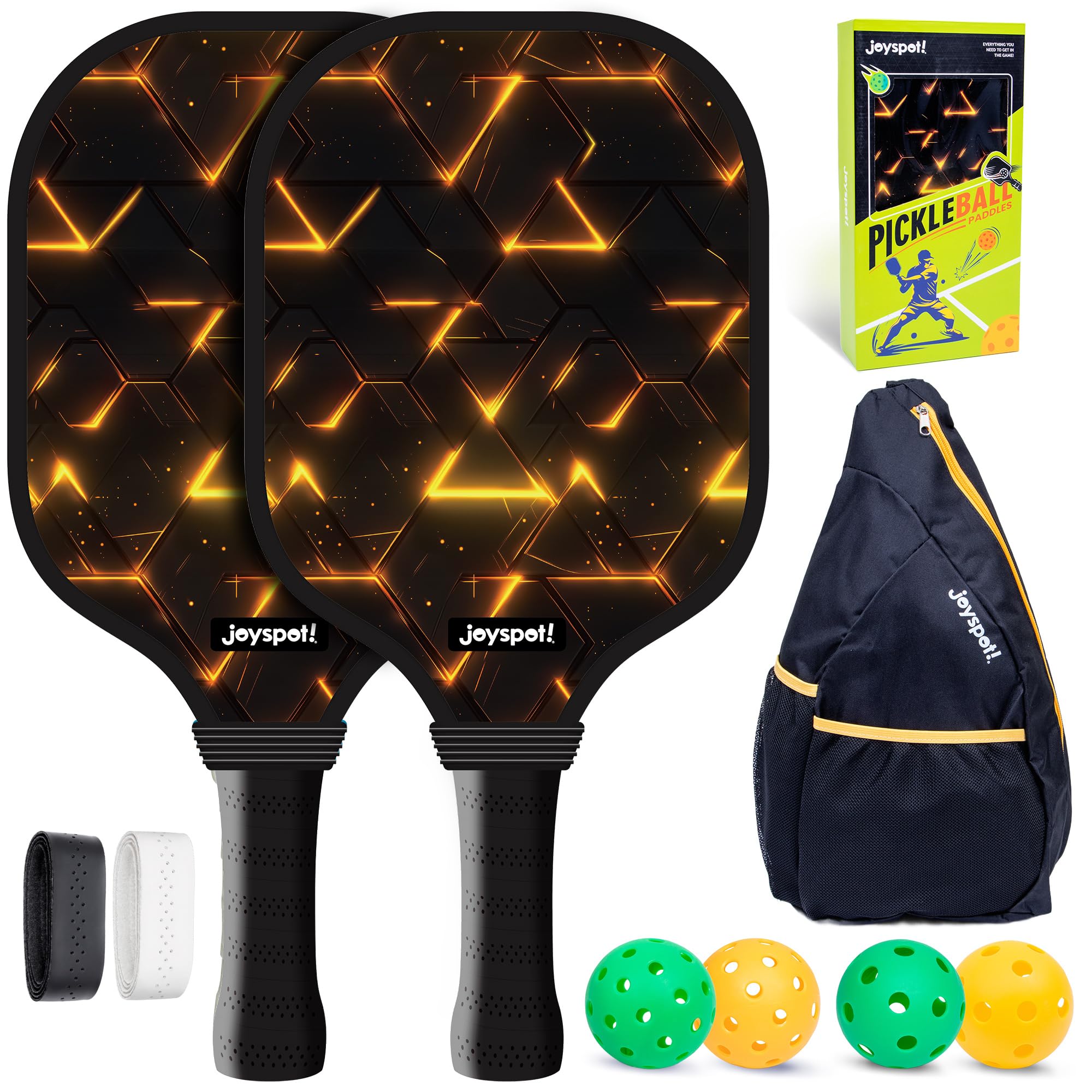 JOY SPOT! Pickleball Schläger 2 Pack mit 4 Bällen und Tragetasche – Leichte Schläger mit Fiberglas-Oberfläche für Männer, Frauen und Anfänger – Perfekt für das Spielen im Innen- und Außenbereich