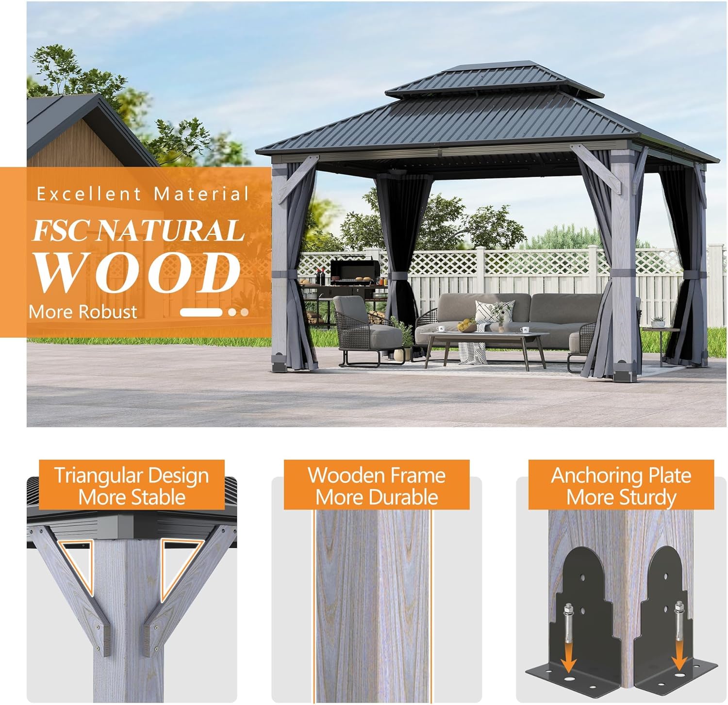 GARTOO 10' x 12' Outdoor Wood Gazebo - Permanent Wooden Hardtop Gazebo Pavilion with Double Curtains, Galvanized Steel Roof Cedar Wood Gazebos for Garden, Poolside, Lawn, Backyard Deck