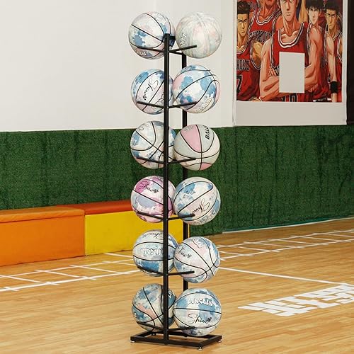 Miniatura 4 de Estante de baloncesto, 12 bolas de metal para el hogar, garaje, rugby, baloncesto, fútbol, voleibol, almacenamiento, color negro