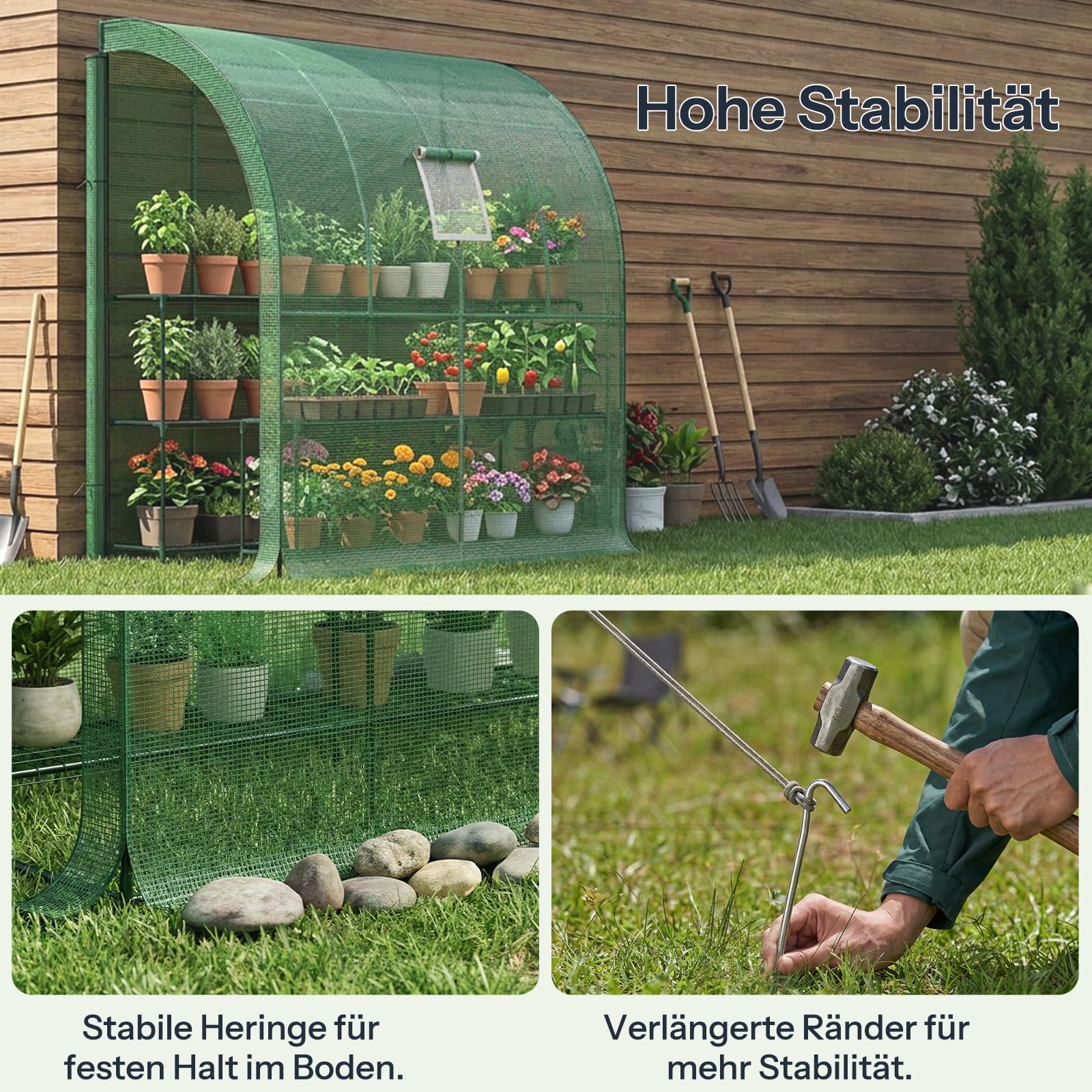 LARMNEE Wandseitiges Gewächshaus, Tomatengewächshaus mit 2 Rolltüren, 200 x 100 x 210 cm, PE Foliengewächshaus, Tomatenhaus für Blumen, Gemüse und Pflanzen, Balkon, Garten und Terrasse, Grün EGN72GH02