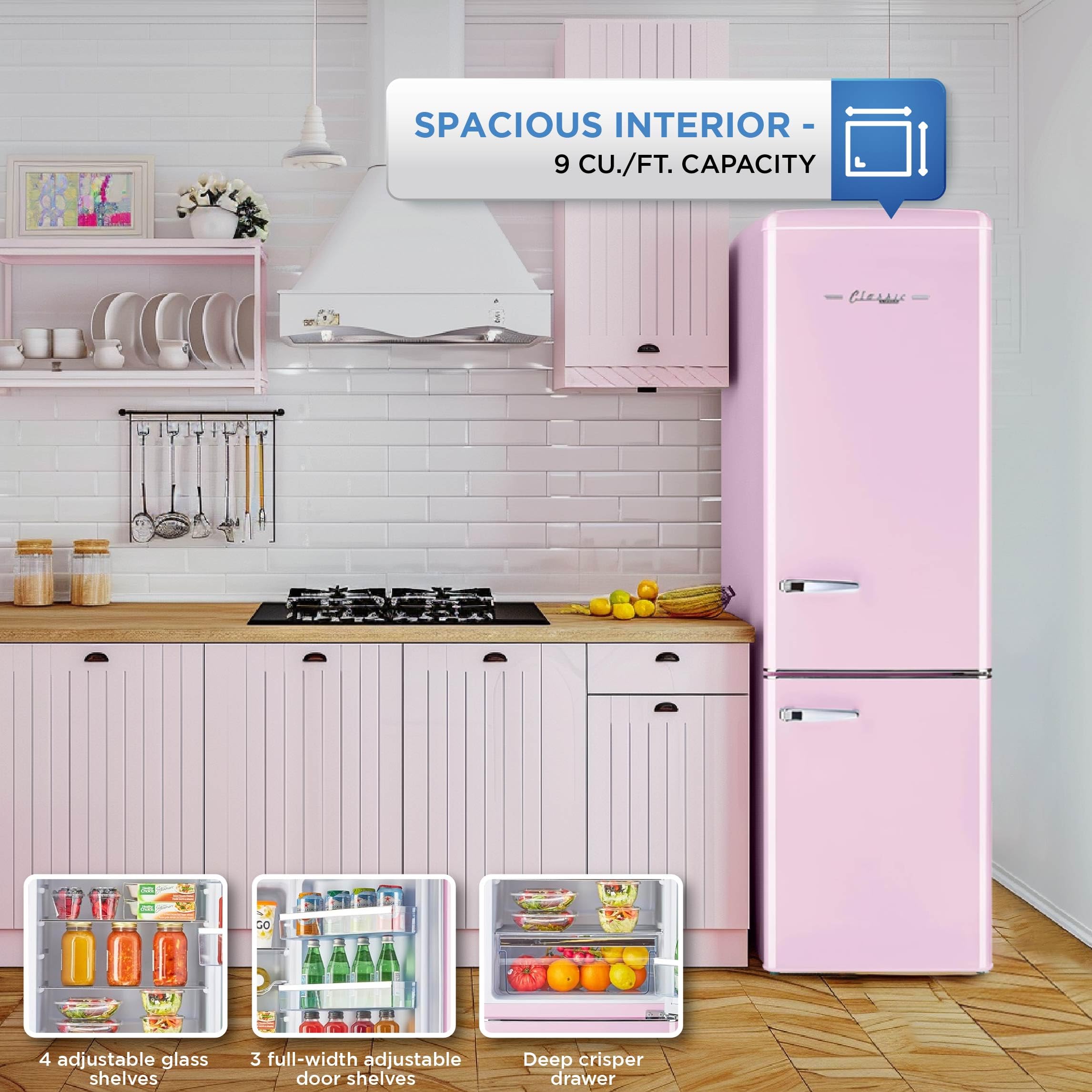 Unique Appliances Classic Retro Refrigerator, 9 cu./ft. Electric Bottom-Mount Fridge, Metal, Sliding Non-Reversible Doors, Ideal for Fresh and Frozen Foods, Bubblegum Pink on Fridge.com