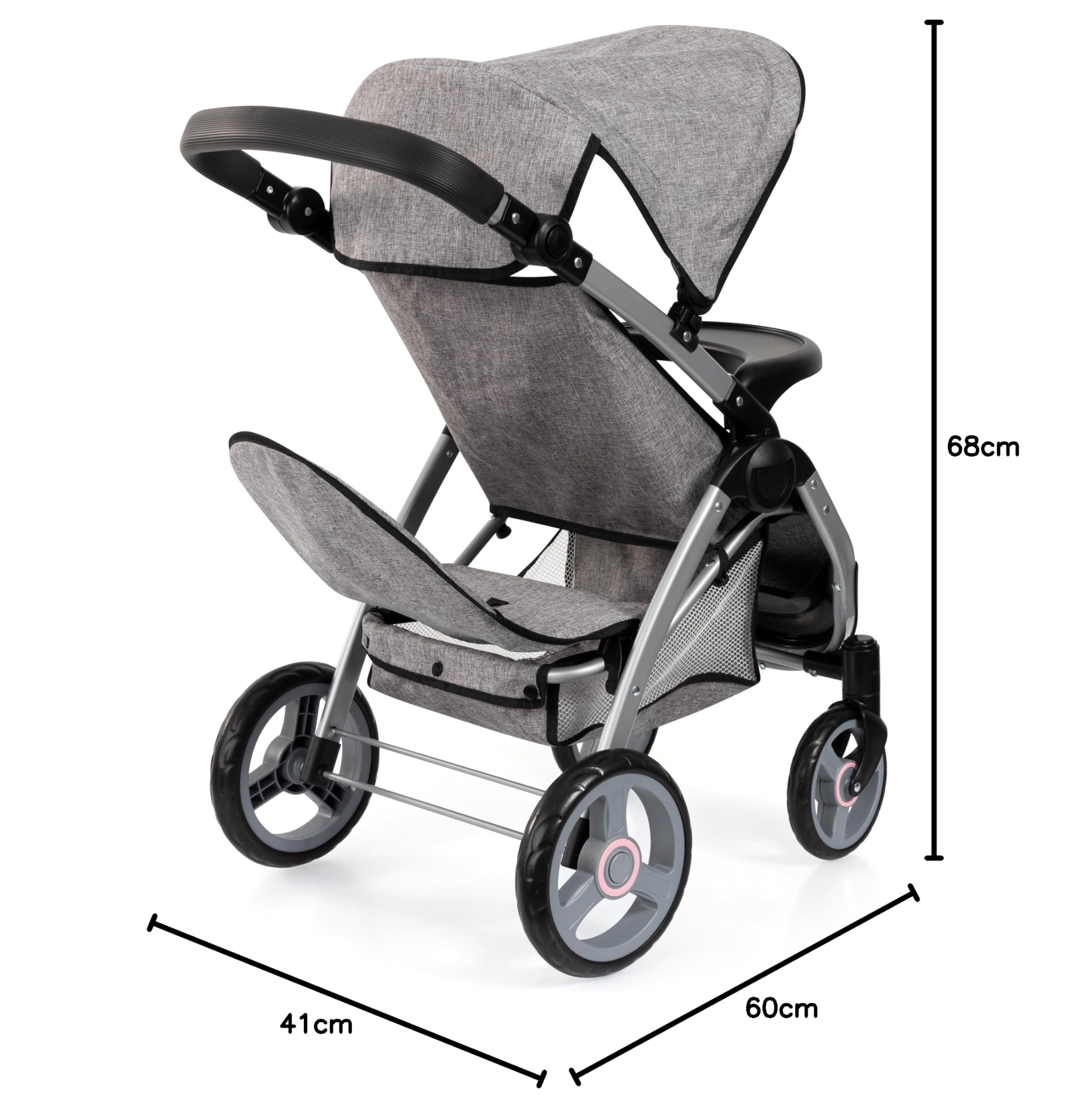 Bayer Design 39433AA Zwillingspuppenwagen, Puppenwagen, Geschwisterwagen, höhenverstellbar, klappbar, Tasche, Jeans-grau, Rosa, 60x41x68 cm, 13.97x7.08x18.89 in | für Mädchen und Jungs, ab 3 Jahre