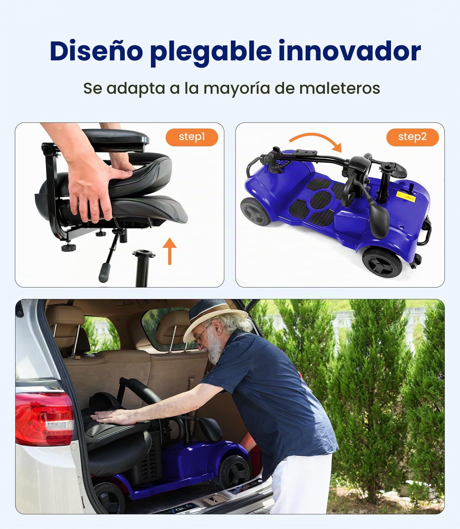 VOCIC D42 Movilidad scooter plegable 135KG, 20KM Scooter de movilidad | 4 ruedas Estable para personas mayores con Neumáticos Antipinchazos para todo terreno,apoyo 5 Años| Azul