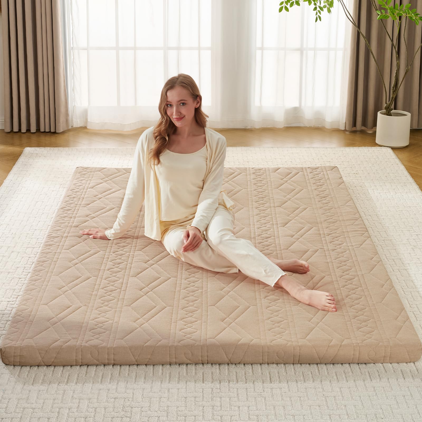 Japanese Floor Futon Mattress Queen Size 60"x 80", Foldable Bed Mattress, Portable Tatami Mat Sleeping Pad, Folding Futon Cushion, Roll Up Floor Lounger for Guest Room Dormitory (Khaki) — view 10
