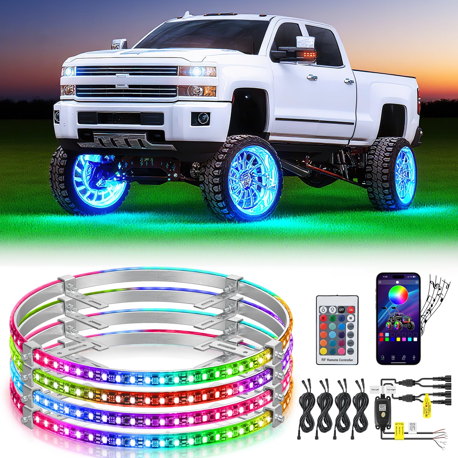 Nilight 4PCS 15.5inch LED Wheel Ring Lights RGB with APP and Remote Control Neon Lights Million Colors w/Turn Signal and Braking Function for Car Van SUV Truck