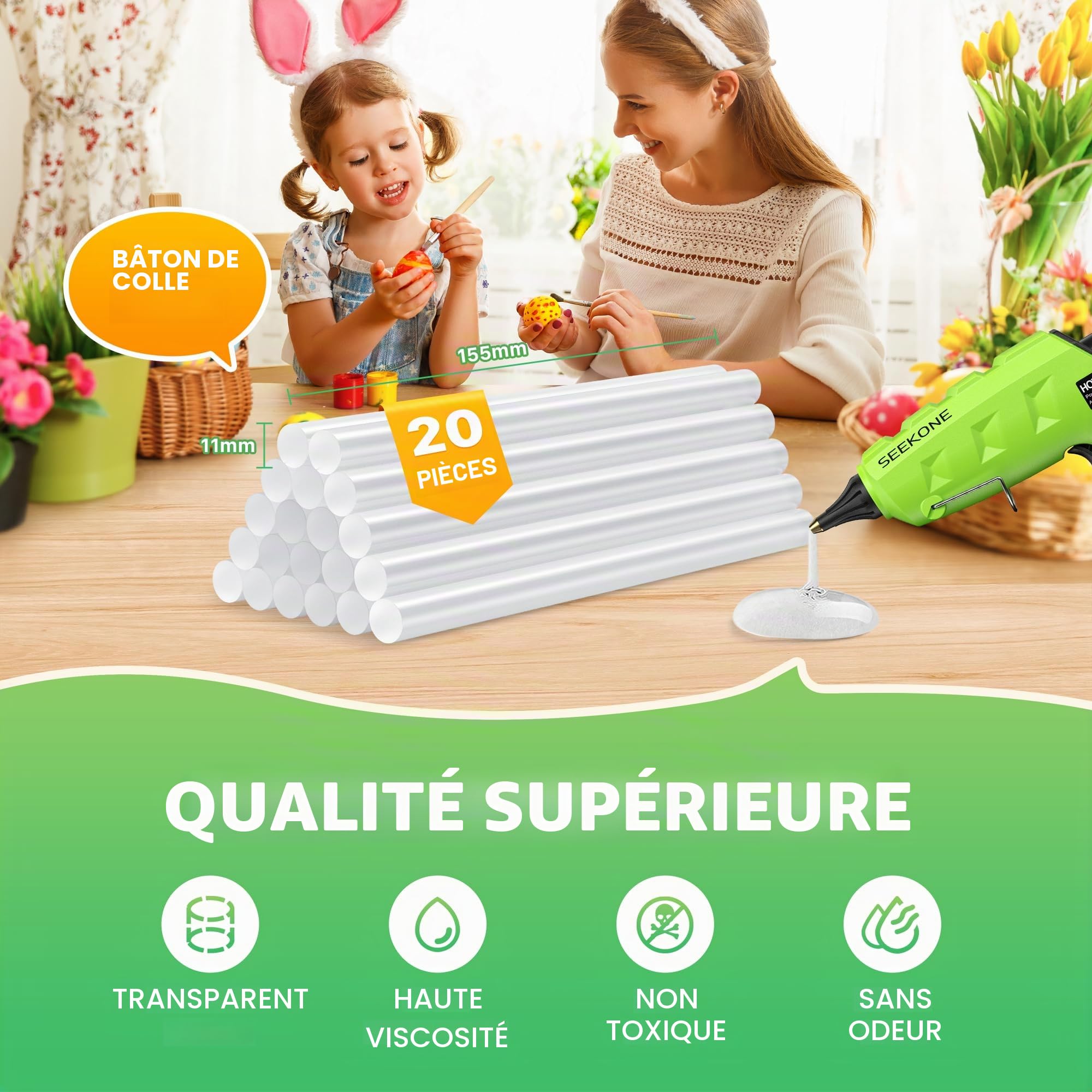 SEEKONE Pistolet à Colle Chaude 60/100W, Deux Vitesses Pistolet a Colle Anti Écoulement avec 20pcs Bâtons (150 mm), Chauffage Rapide et Sécurisé Pistolet Colle pour Réparation, Artisanat, DIY, Maison