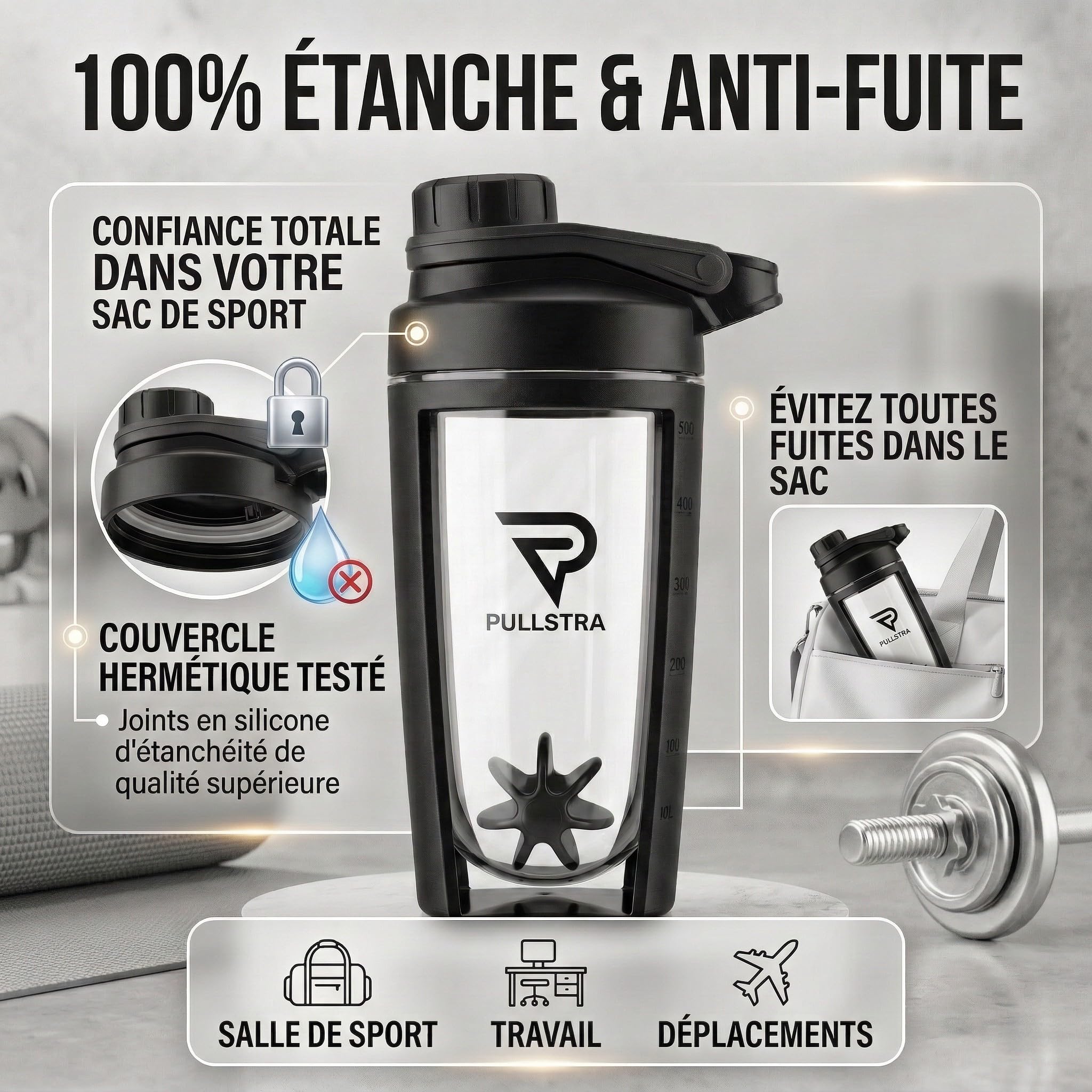 Shaker Protéine 500ml – Shaker Sport Étanche Sans Fuite, Gourde Sport pour Whey & Musculation, Shaker Gradué Sans Grumeaux, Fitness Homme & Femme (Noir)