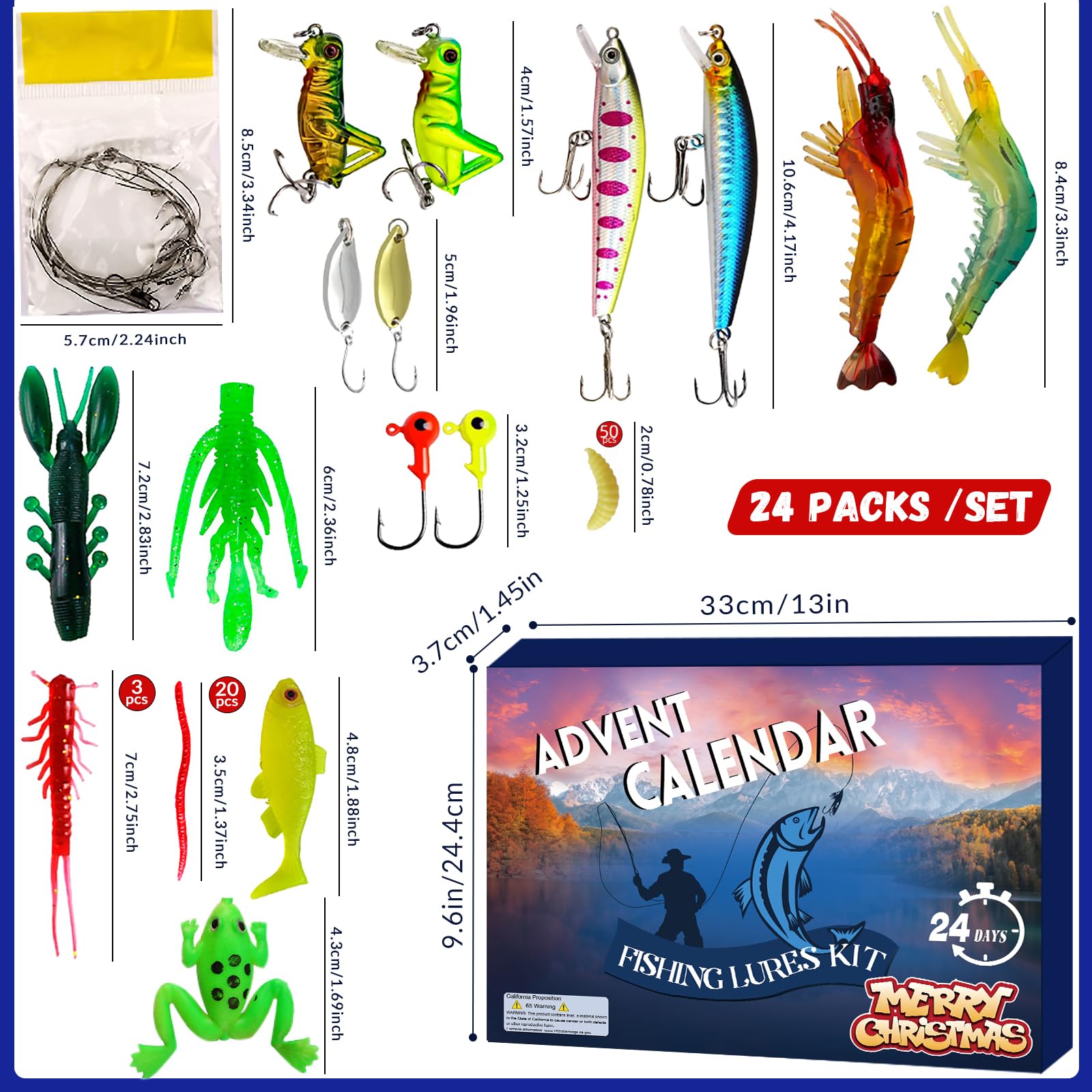 Bnqoe Fishing Advent Calendar 2024, Fishing Advent Calendar for Adult, Fishing Lure Set Christmas Gifts, 24 Days Xmas Countdown Gift for Anglers with Topwater Lures Fishing Spoons Minnow Popper Crankbait VIB (B-Blue Red)