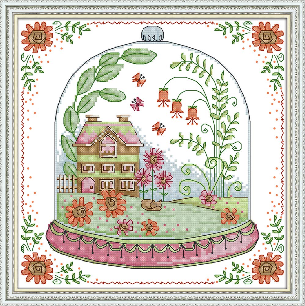 CaptainCrafts Cross Stitch Kits Flowers Stamped Cross Stitch Preprinted 14CT Fabric Embroidery Kits Needlework Crafts (Stamped 14CT, Garden Cabin)