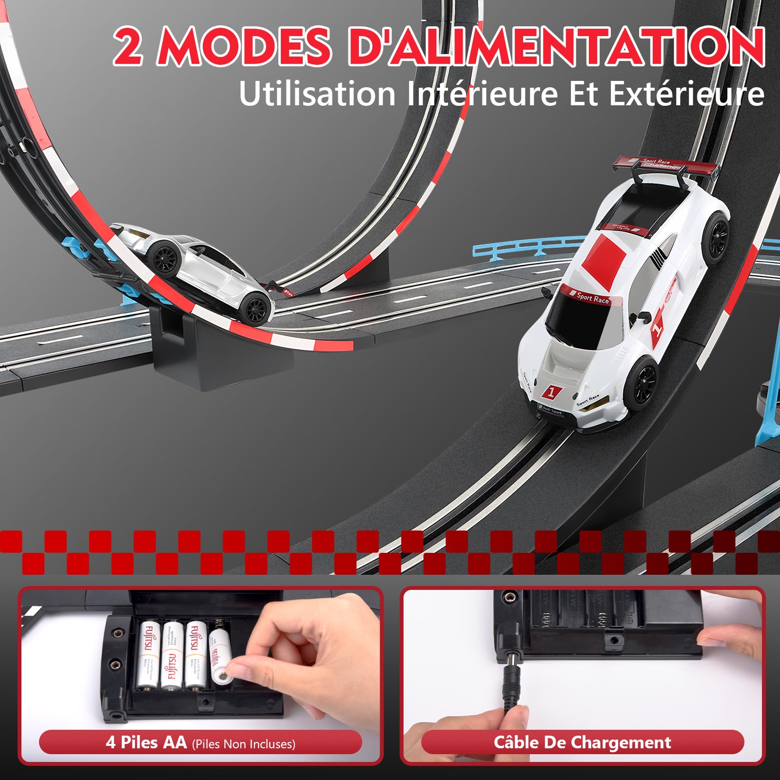 Charmofun Circuit Voiture Electrique pour Enfants, 2 Slot Cars Racing Échelle 1:43 Circuit de Course Electrique avec Voitures et Accessoires 6 7 8 9 12 Jahren