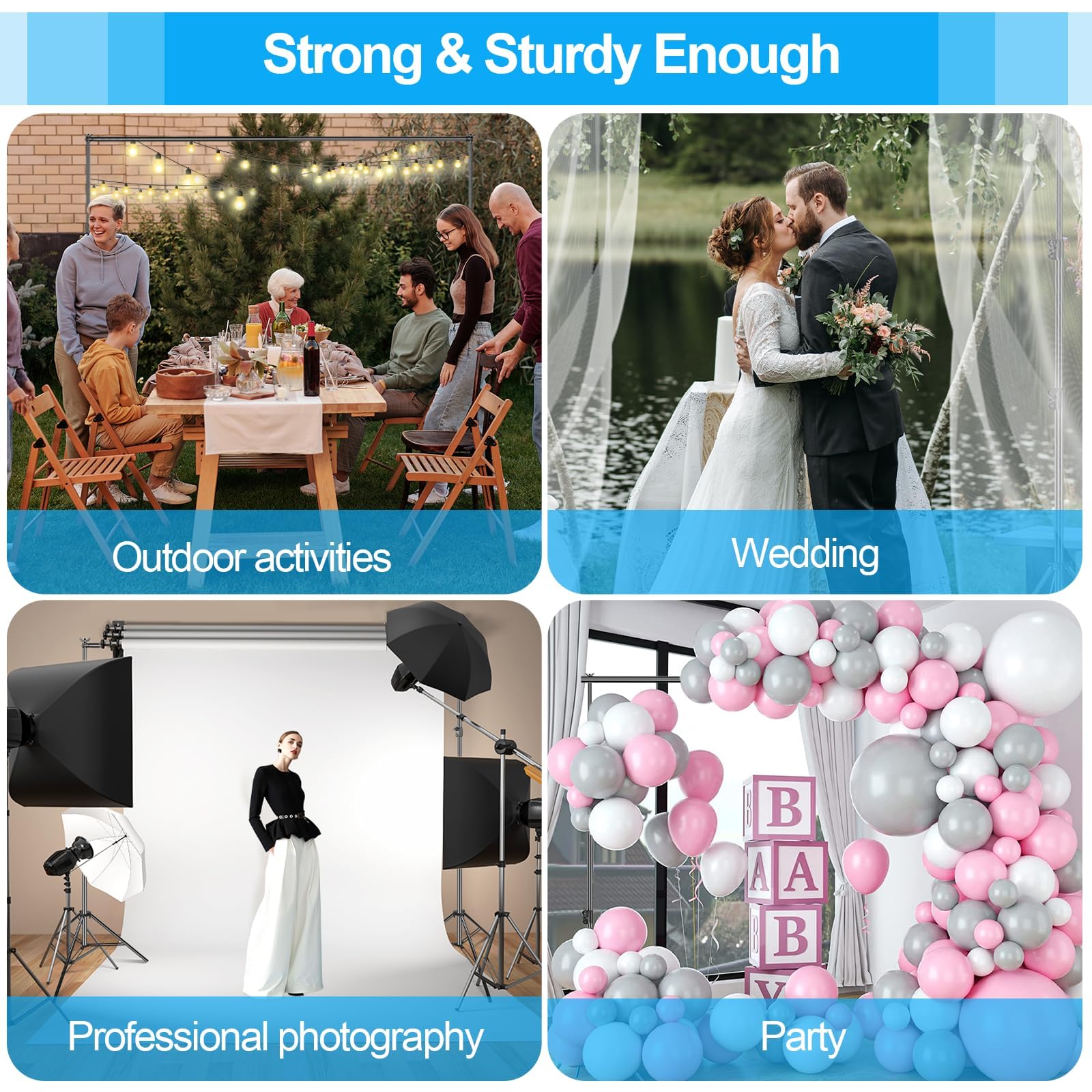 EMART Supporto per sfondo resistente, 3,4 x 2,4 m, supporto regolabile per foto | Fondale con 6 morsetti, supporto posteriore per feste, studio fotografico, matrimonio, compleanno, mostre, fotografia