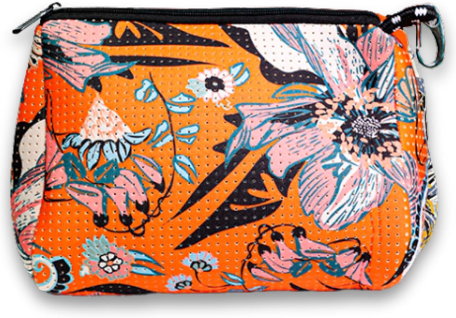 POPUPS Brand Large Makeup Bag with Zipper - Neoprene Machine Washable Travel Toiletry Cosmetic Organizer Pouch for Women (Print Blossom Orange)