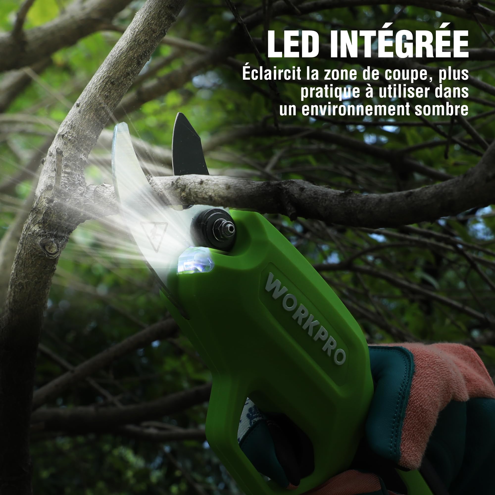 WORKPRO Sécateur Électrique 7,2 V, Professionnel Secateur Electrique avec Lames en SK5, Batterie 2000 mAh, Diamètre de Coupe de 19 mm pour Jardins, Branches et Arbres Fruitiers