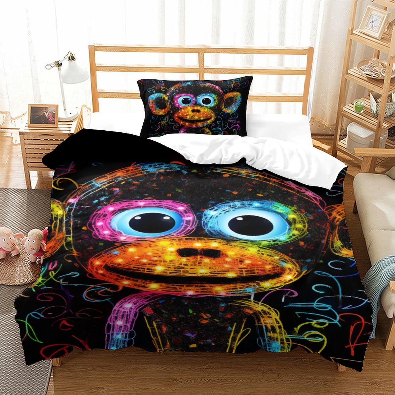 Housse de couette singe pour chambre d'enfant, lit single 135x200 en microfibre douce et respirante
