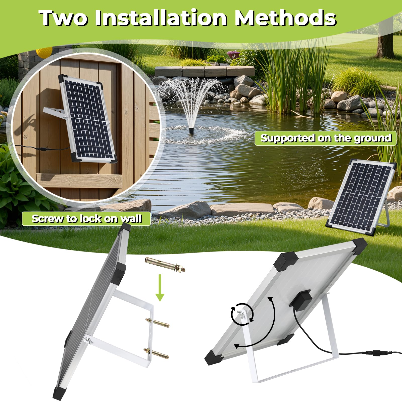 Clevich 10-12W Fontaine Solaire, Pompe à Eau Solaire, avec Tuyau d'eau de 1 m, Câble de 3,25 m, pour Bassins à Poissons, Petits Bassins, Cascades, Pots de Fleurs, Fontaines Décoratives