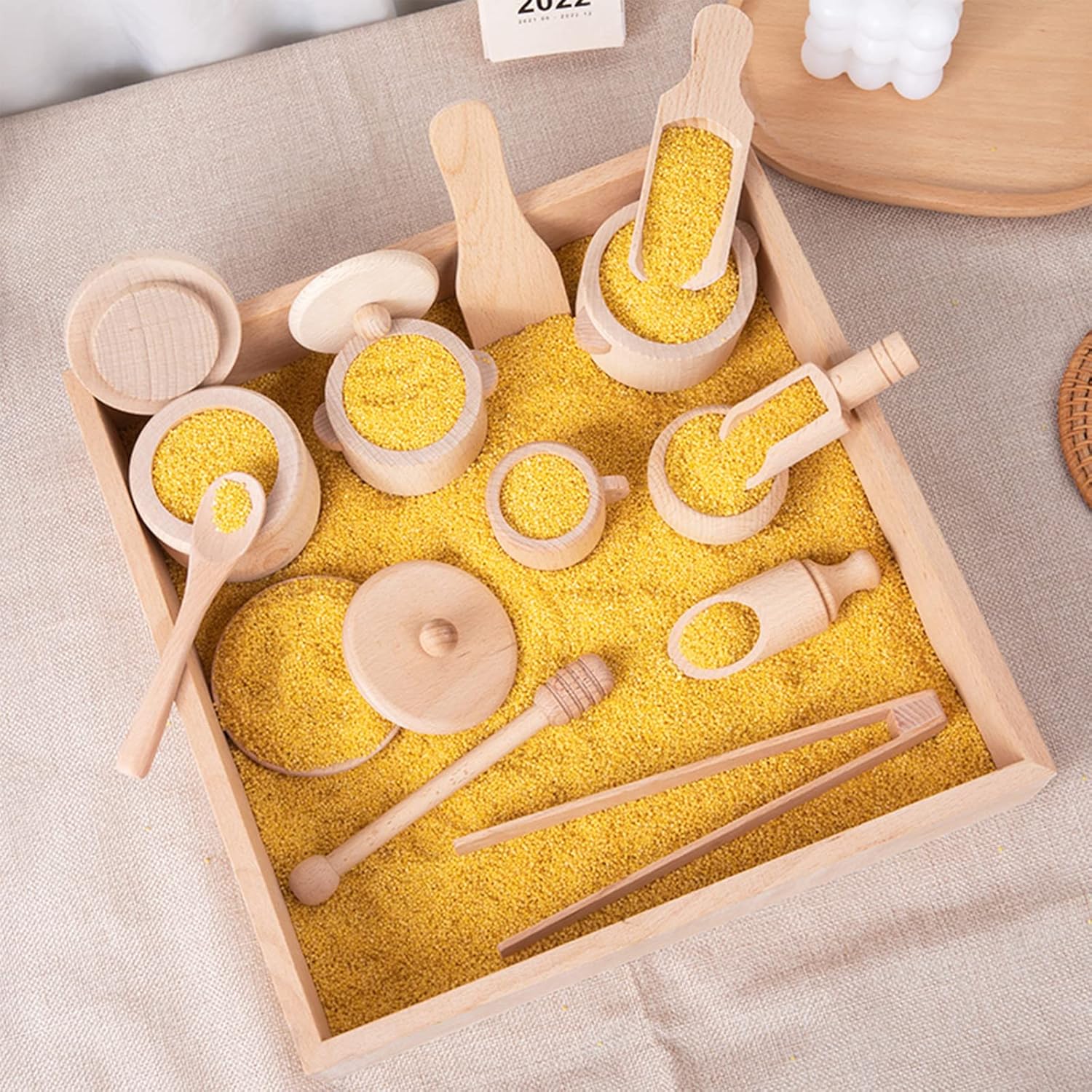 Montessori Sensory Bin Tools Toy with Wooden Box for Toddlers, Pretend Play Dish Toys Wooden Bowls Scoop Tongs Transfer Work Pouring Set, Kids Fine Motor Skills Development - Image 5