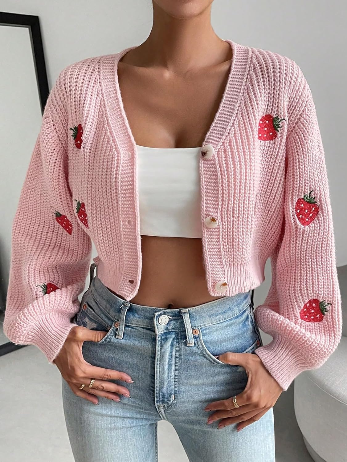 WDIRARA Women's Strawberry Embroidery Crop Cardigan Drop Shoulder Button Up Sweater Tops V Neck Outerwear - Image 5