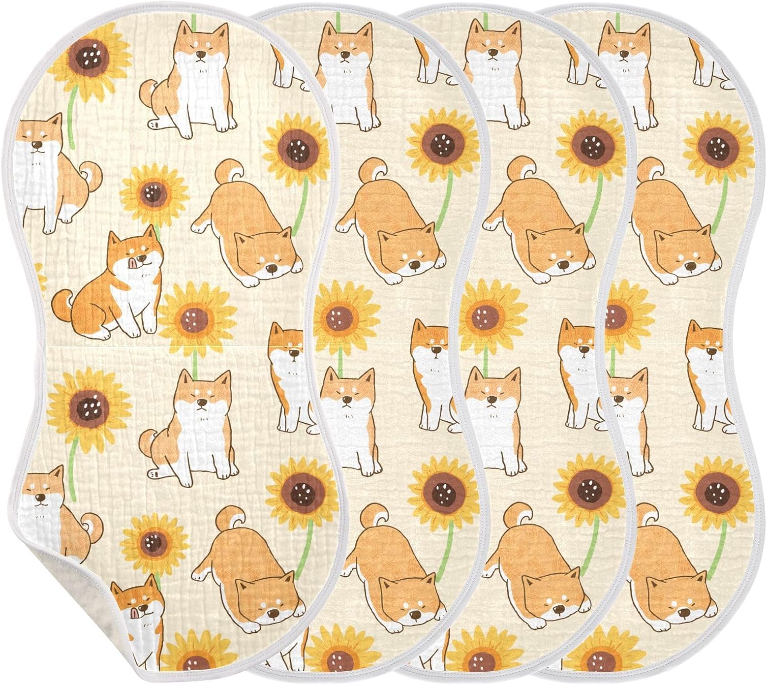 Muslin Burp Cloths for Baby Boys and Girls - 4-Pack Ultra Absorbent Shiba Inu Sunflower Muslin Washcloths, Newborn Towel, Milk Spit Up Rags, Burp Cloth Bib for Unisex, 22 x 11 Inch