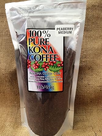 100% Kona Peaberry Medium Roast Ground Coffee low-acid - 1 pound