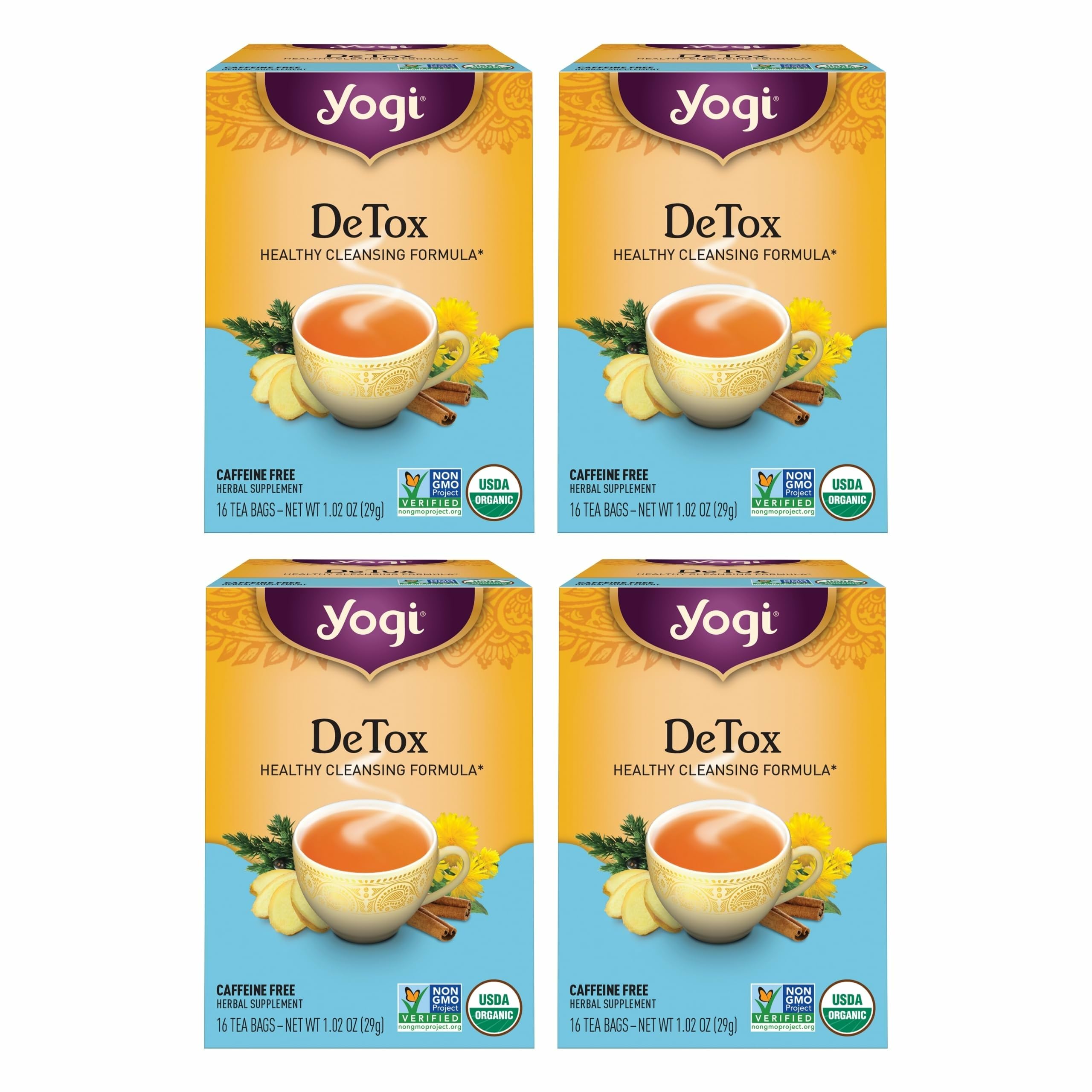 Yogi Tea DeTox Tea - 16 Tea Bags per Pack (4 Packs) - Organic Detox Tea for Digestive & Circulation Support - Includes Burdock, Dandelion, Ginger Root, Black Pepper, Cardamom & Juniper Berry