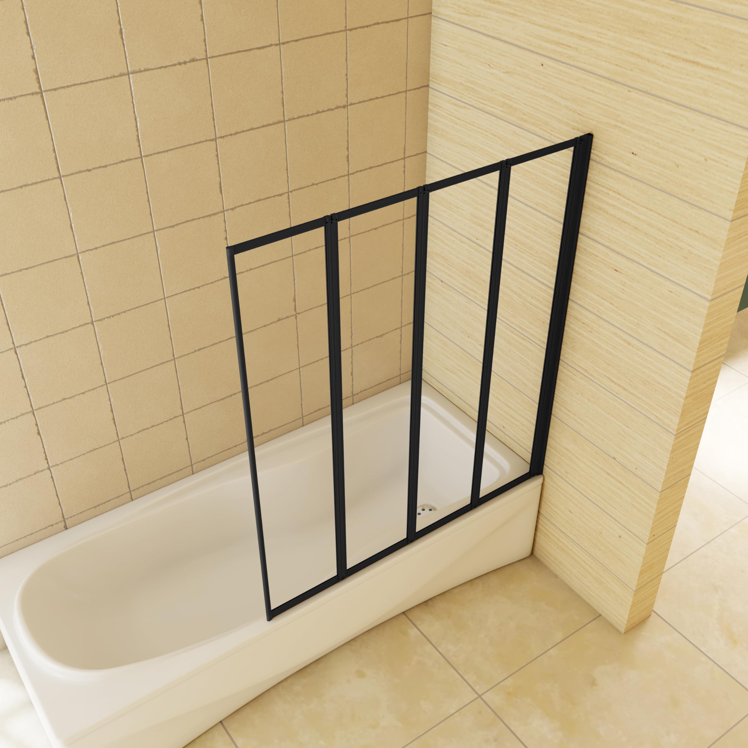 Mampara de bañera plegable 4 hojas, perfil negro mate, 4mm cristal templado, 140x90cm