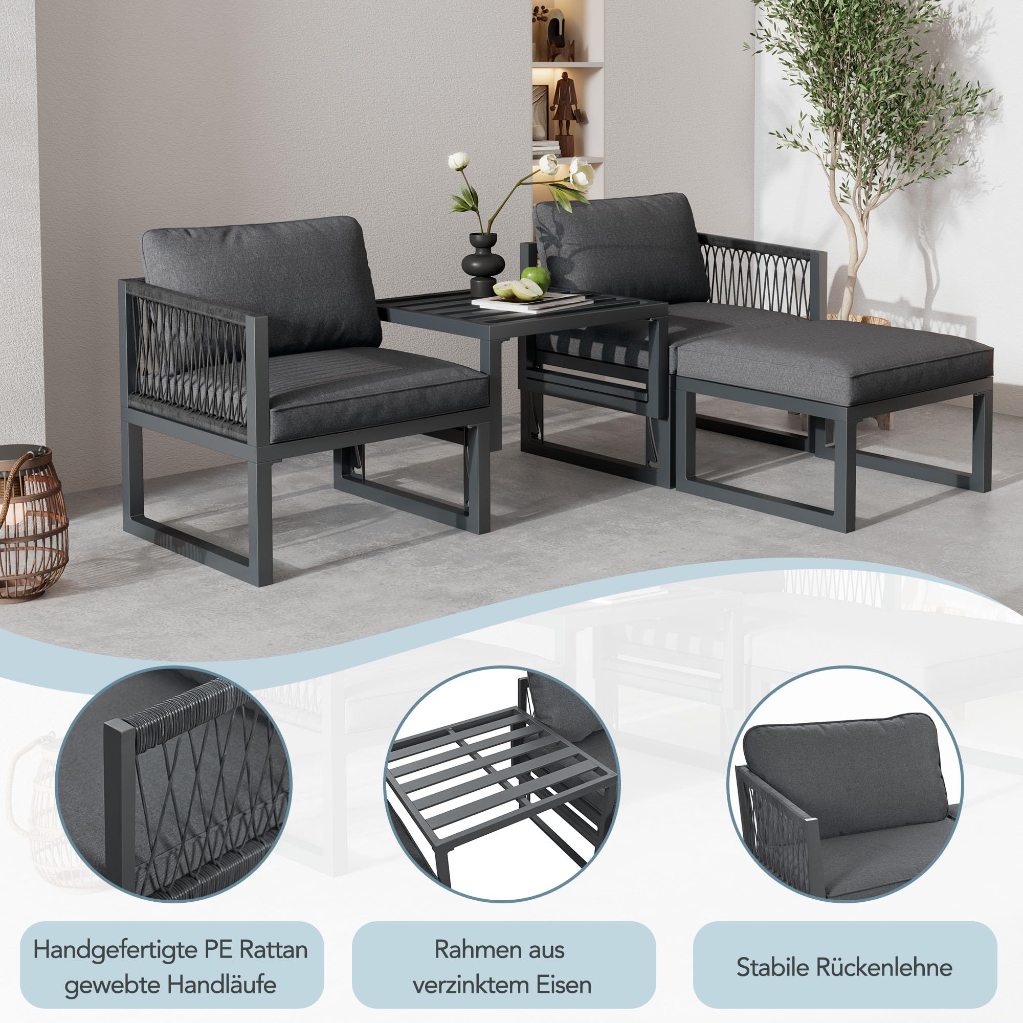 Merax Gartenlounge Set, Gartenmöbel Set, Multifunktional für Terrasse und Garten, Outdoor Sofa Garnitur, PE-Rattan, Aluminiumrahmen, rutschfeste Füße