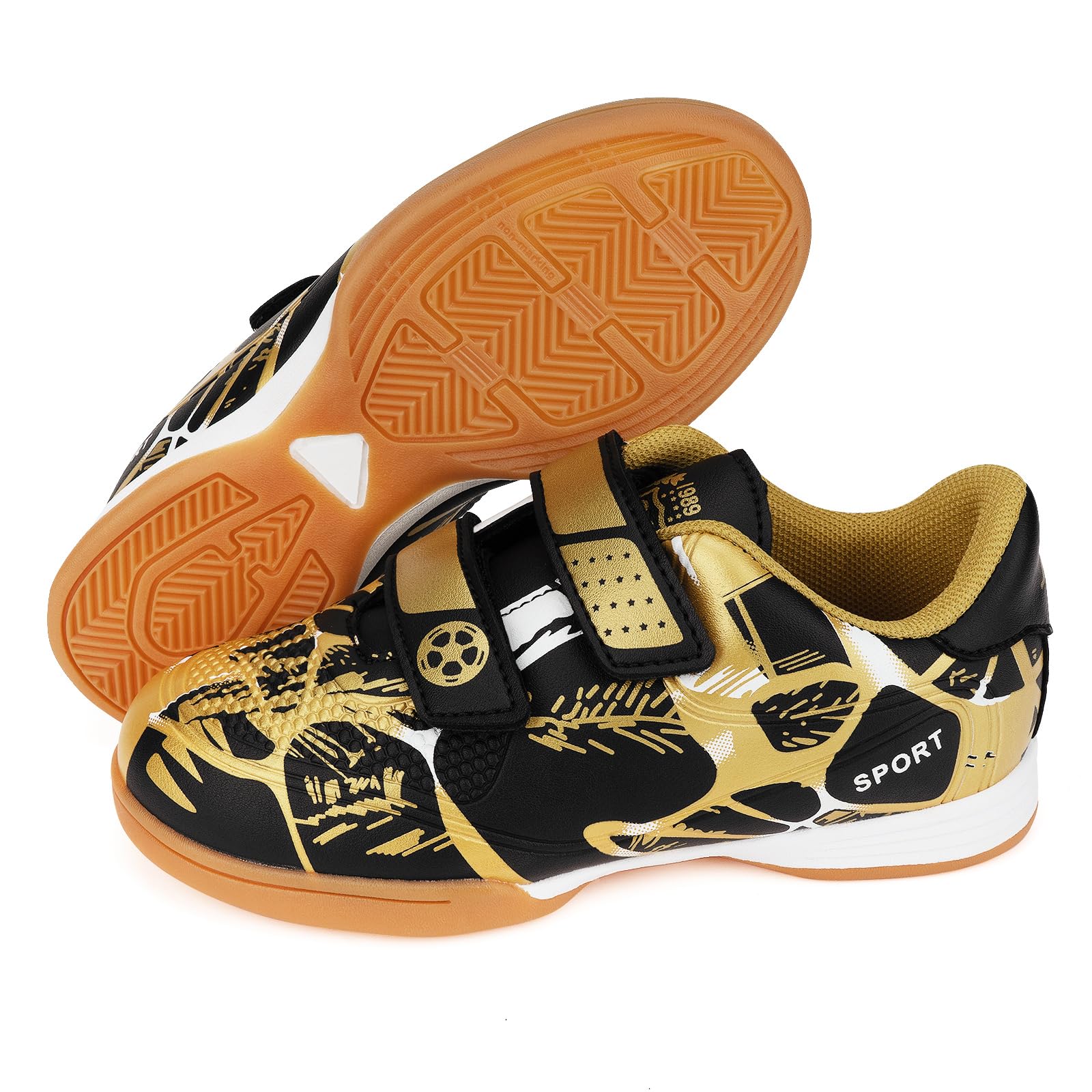 Linkidea Kids Laceless Indoor Soccer Shoes, Rubber Outsole Anti-Slip Sneaker, Futsal Training Cleats for Boys and Girls (Black)