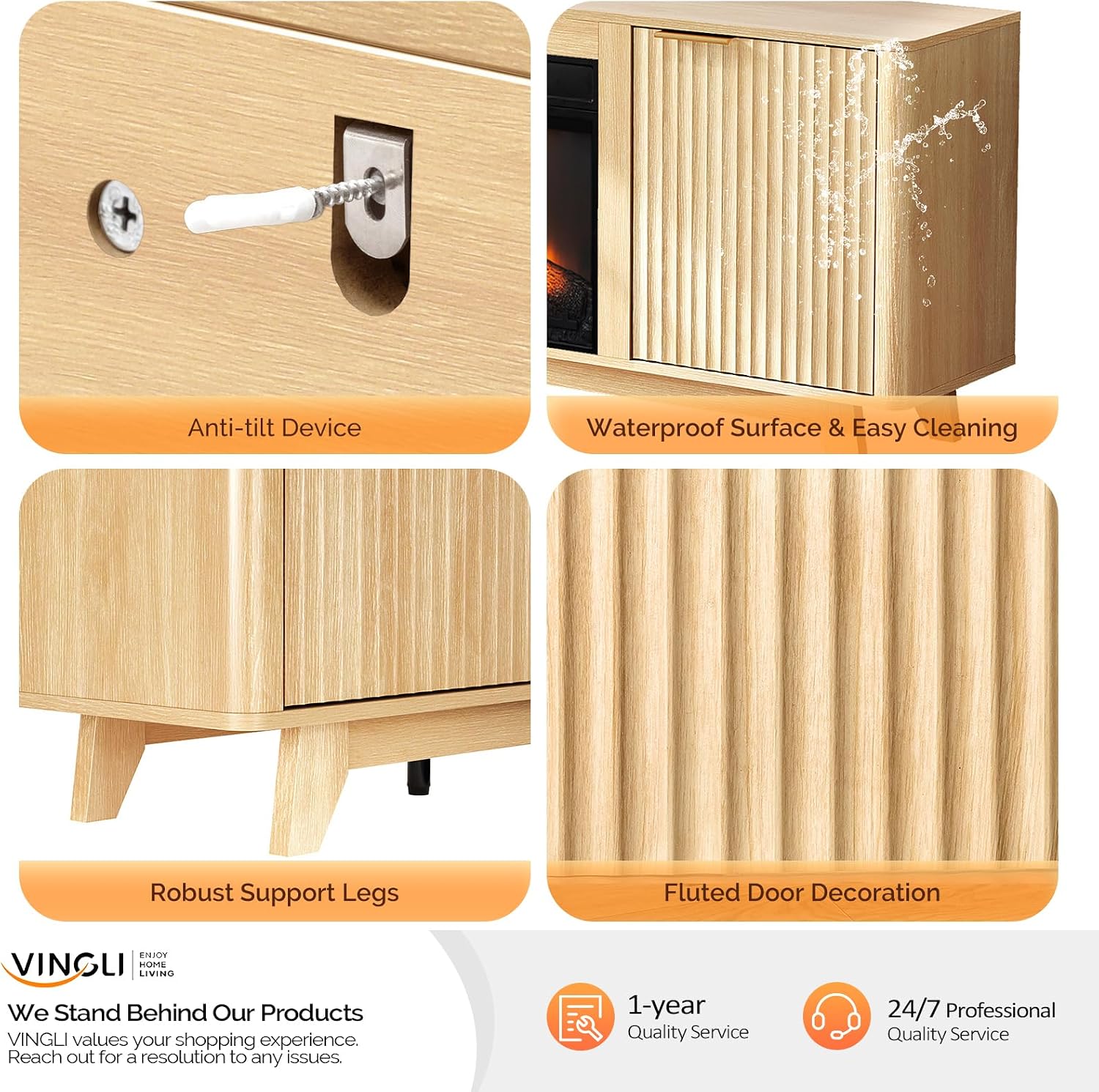 Image showing the anti-tilt device, waterproof surface, robust support legs, and fluted door decoration of the VINGLI TV Stand.