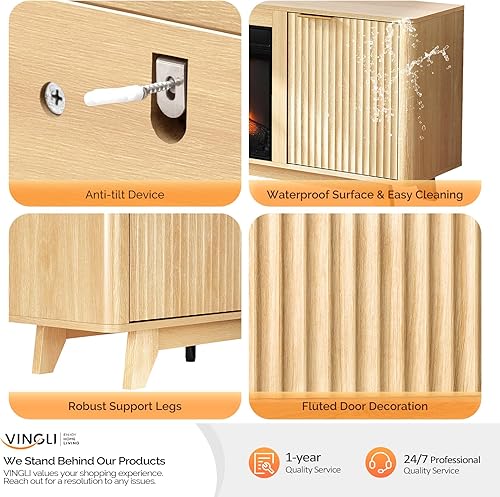 Miniatura 9 de VINGLI Soporte de TV con chimenea para televisores de hasta 70 pulgadas, centro de entretenimiento acanalado con calentador de chimenea eléctrico y