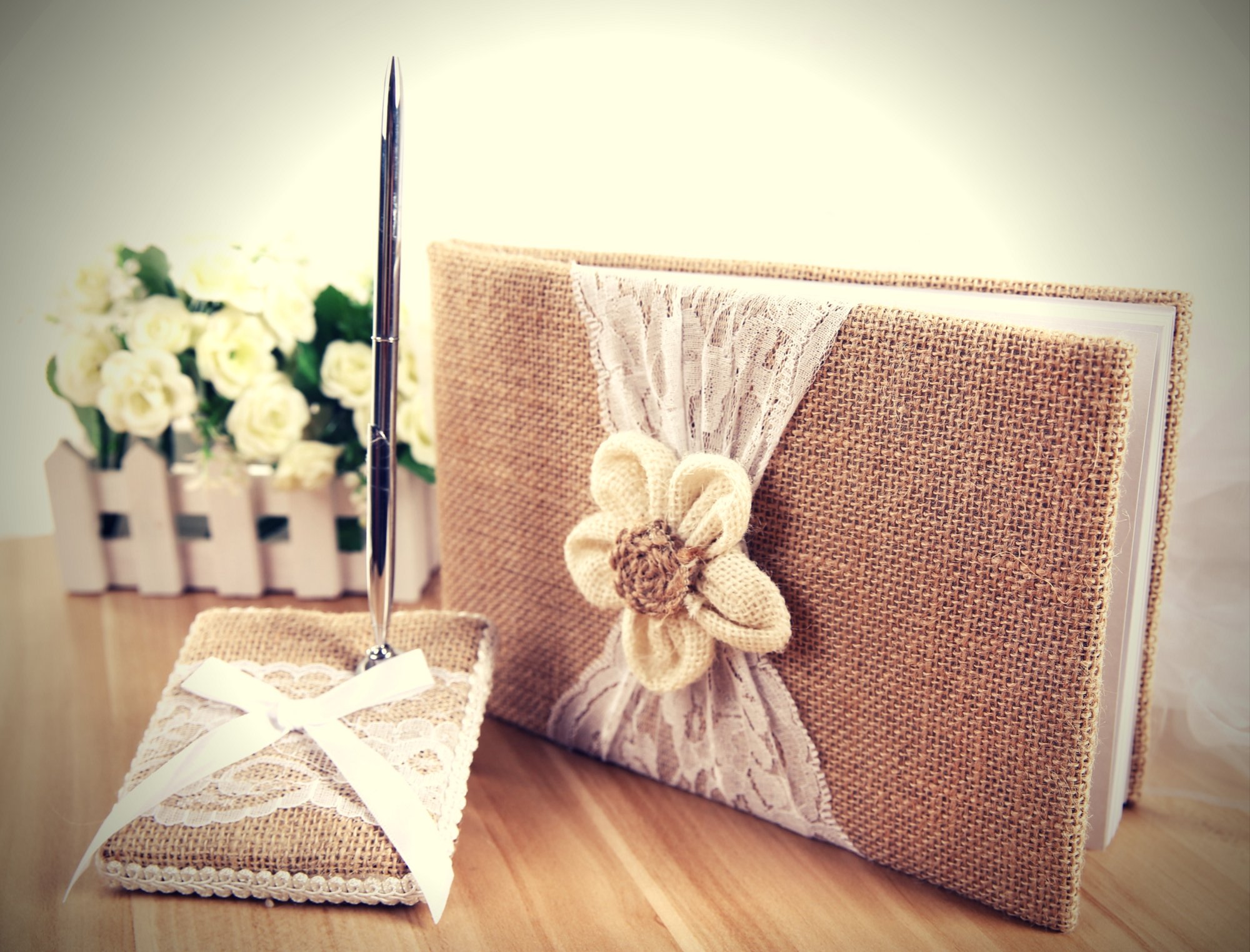 Rustic Wedding Guest Book Made of Burlap and Lace - Includes Burlap Pen Holder and Silver Pen - 120 Lined Pages for Guest Thoughts - Comes in Gift Box (Petal Flower)