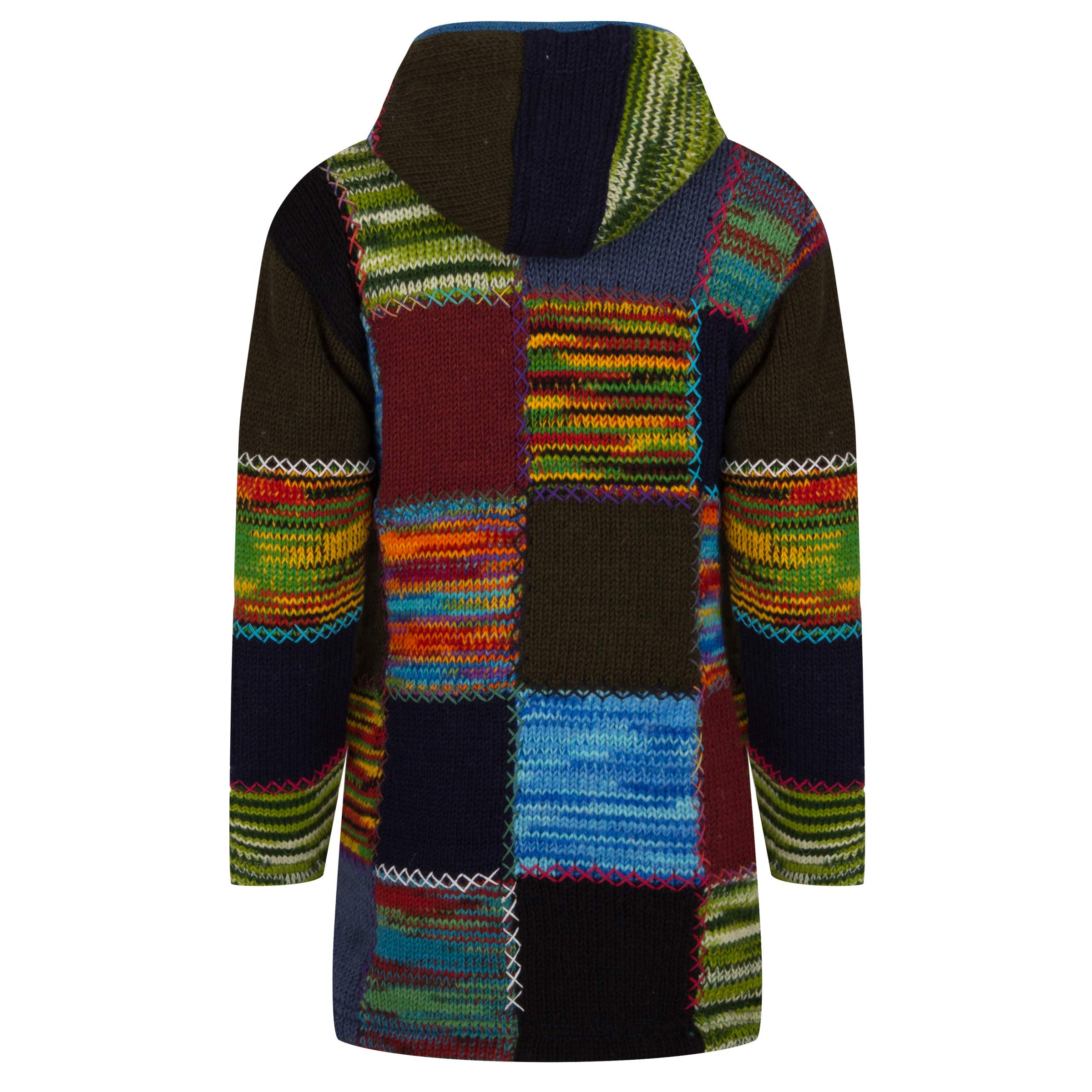 Lange Wollmantel Patch Strickjacke mit Kapuze - SHAKALOHA - W Longpatch Multi Blau Rot Mantel für Damen - im fairen Wettbewerb in Nepal hergestellte Wolljacke mit fleecegefütterter Kapuze.