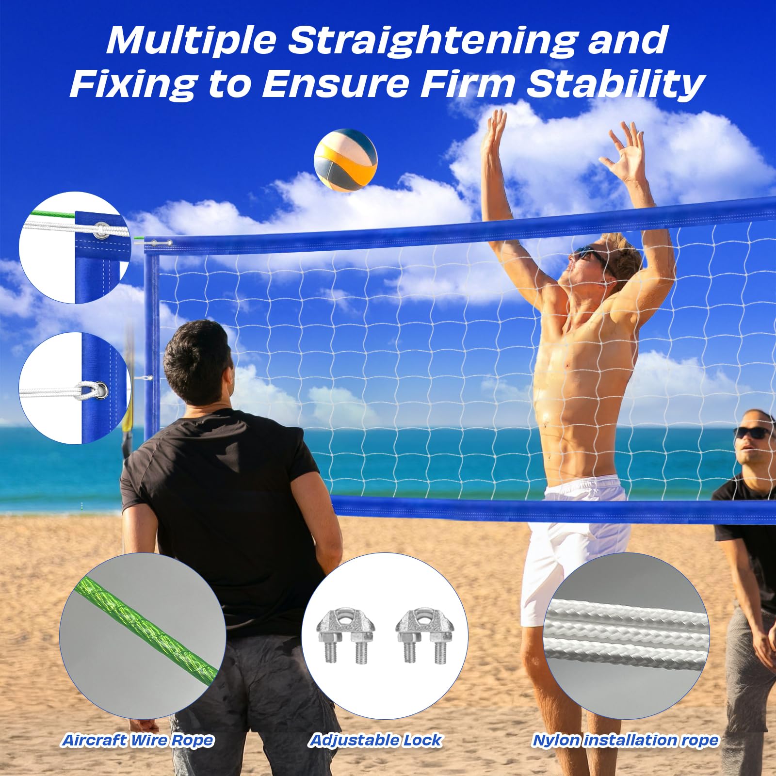 Filet de volley-ball professionnel très résistant, résistant aux intempéries, 10 œillets, bords en nylon 600D épais à double couture, câble métallique étendu pour arrière-cour, campus, plage, piscine