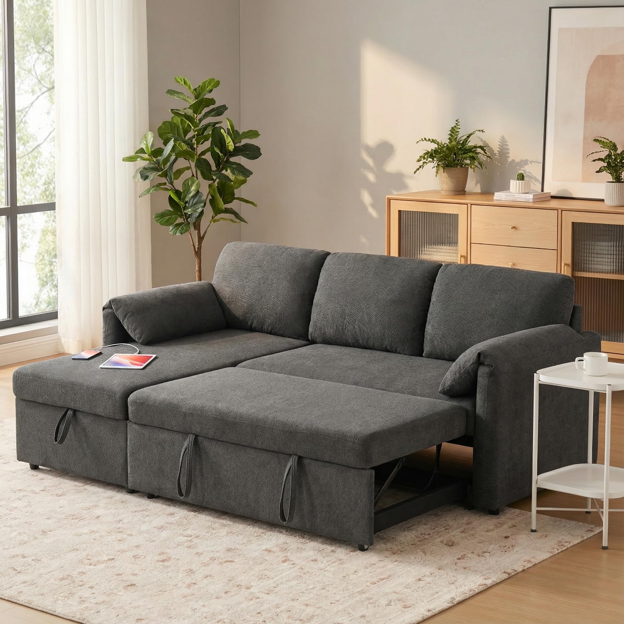 Kingfun 203cm 3-Sitzer Ecksofa mit Schlaffunktion & Bettkasten, Ausziehbares L-Form Schlafsofa mit USB & Stauraum, Kleines Sofa Bett für Wohnung und Wohnzimmer