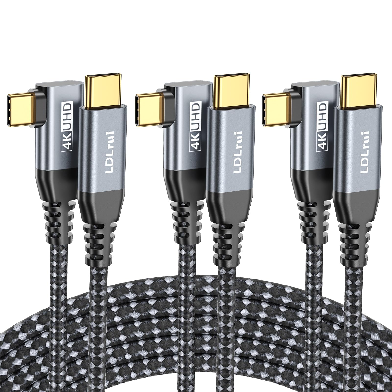 Cable USB C para monitor [6 pies, paquete de 3] Cable de video USB C 4K HDR en ángulo recto, transferencia de datos de 20 Gbps, USB 3.2 Gen 2 × 2, cable de carga rápida PD tipo C de 100 W para iPhone