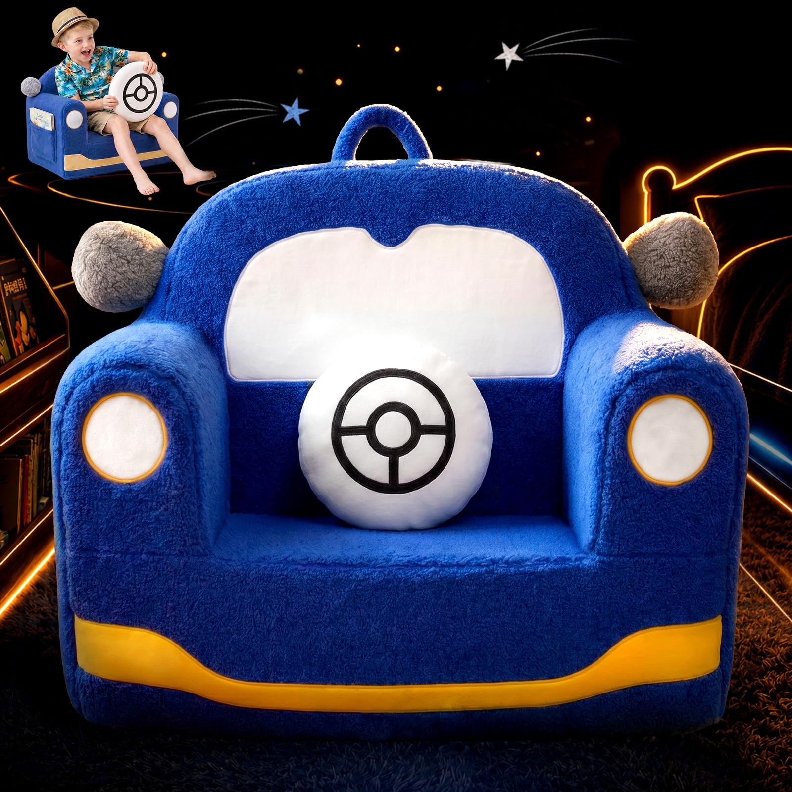 OUOZZZ Kindersofa Kindersessel ab 1 3 6 Jahre - Weich Sherpa Kindercouch mit Kissen, Mini Couch für Kinderzimmer Jungen und Mädchen, Auto Blau