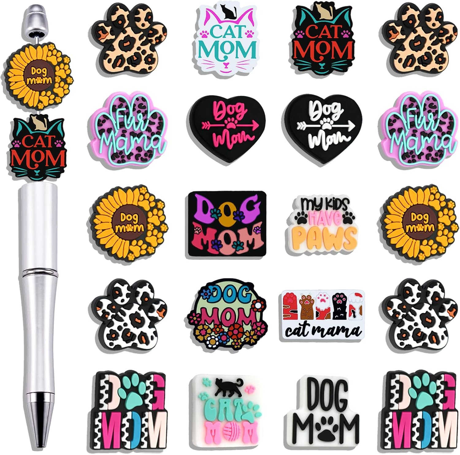 20pcs Dog Mom Silicone Focal Beads for Pens, Mama Focals Dog Paw Cat Mom Focal Bead for Keychain Making Pet Silicone Focal Beads for Crafts Decoration Jewelry Bracelet Necklace